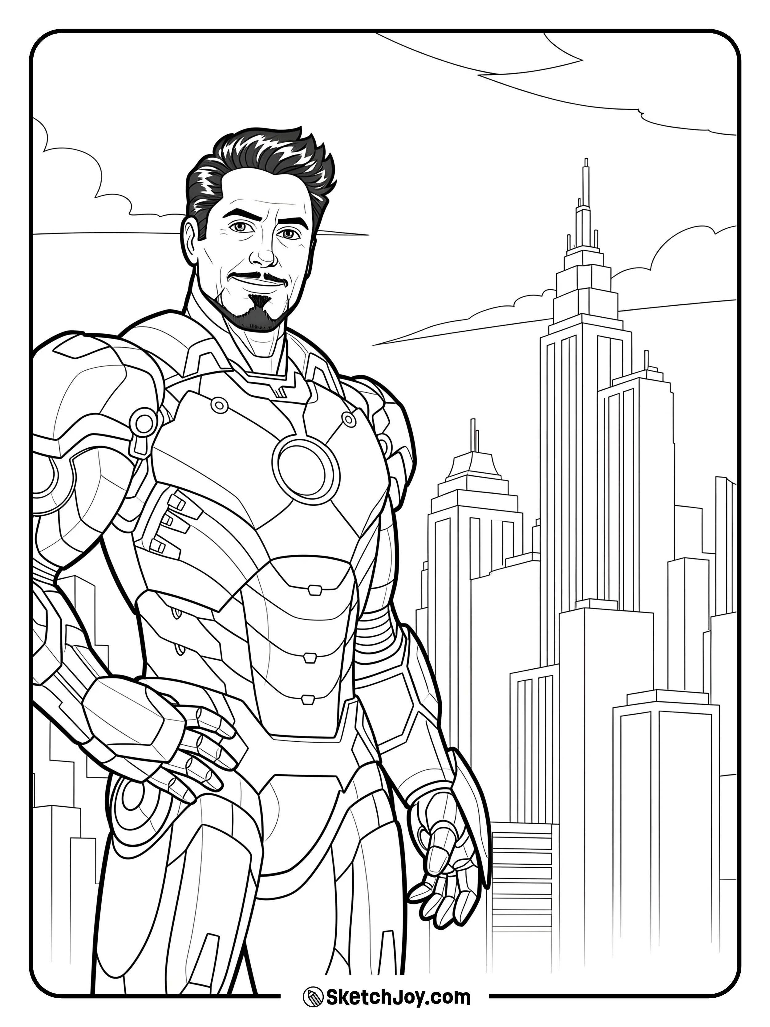 Tony Stark wearing his Iron Man suit with buildings in the background.