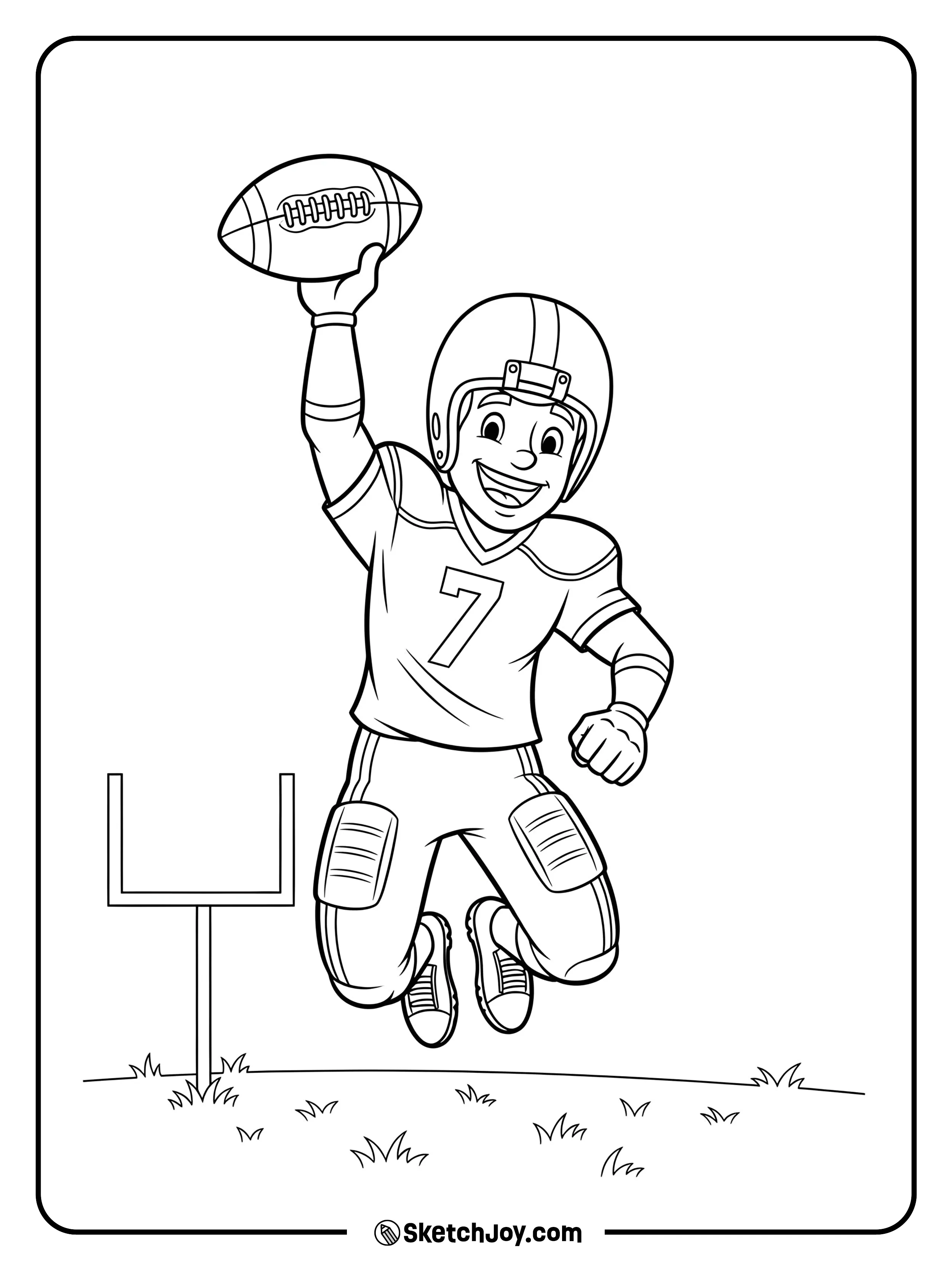 A player raising the football in the air after scoring a touchdown.