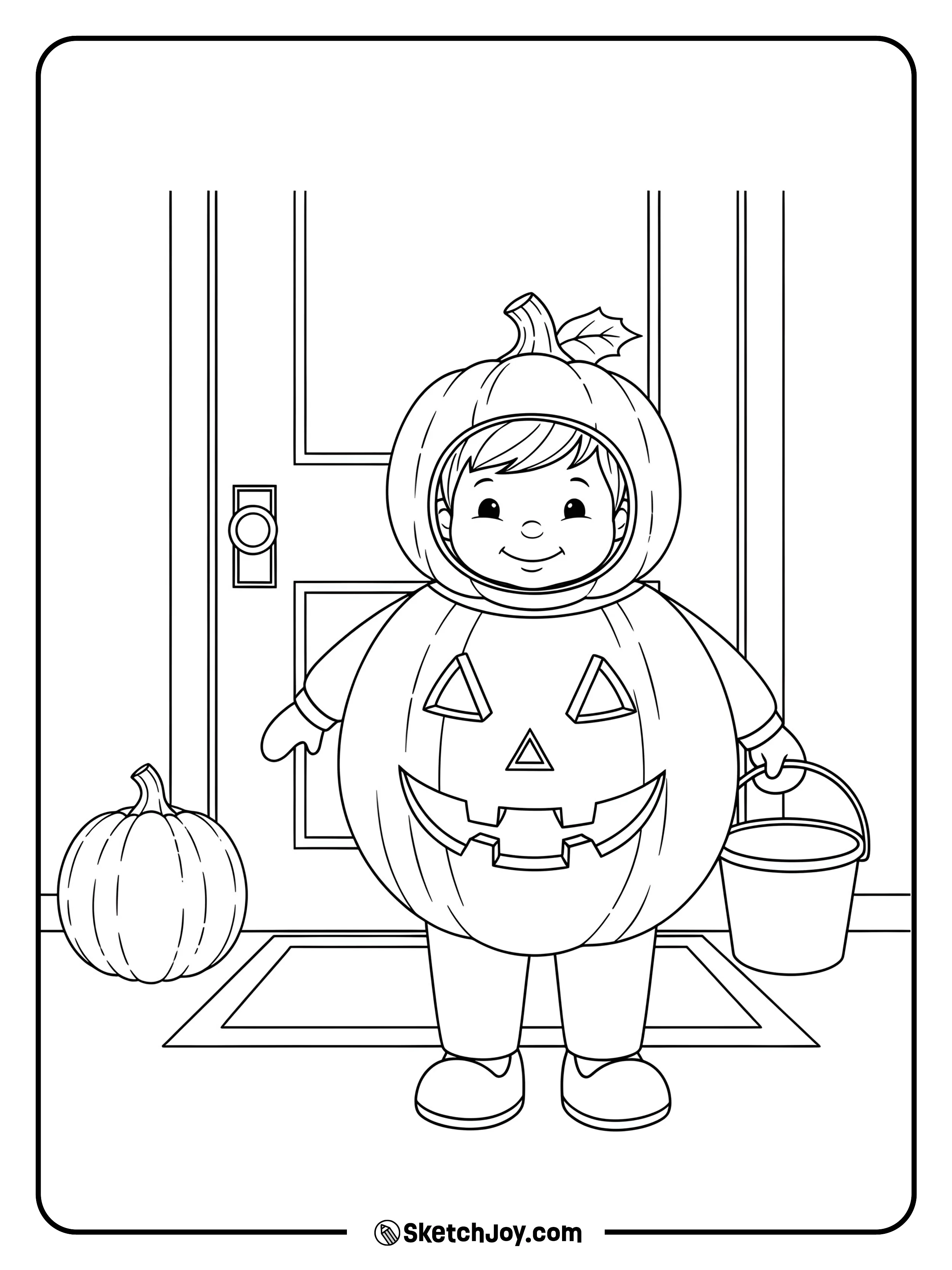 A child in a round pumpkin outfit holds a small treat bucket.