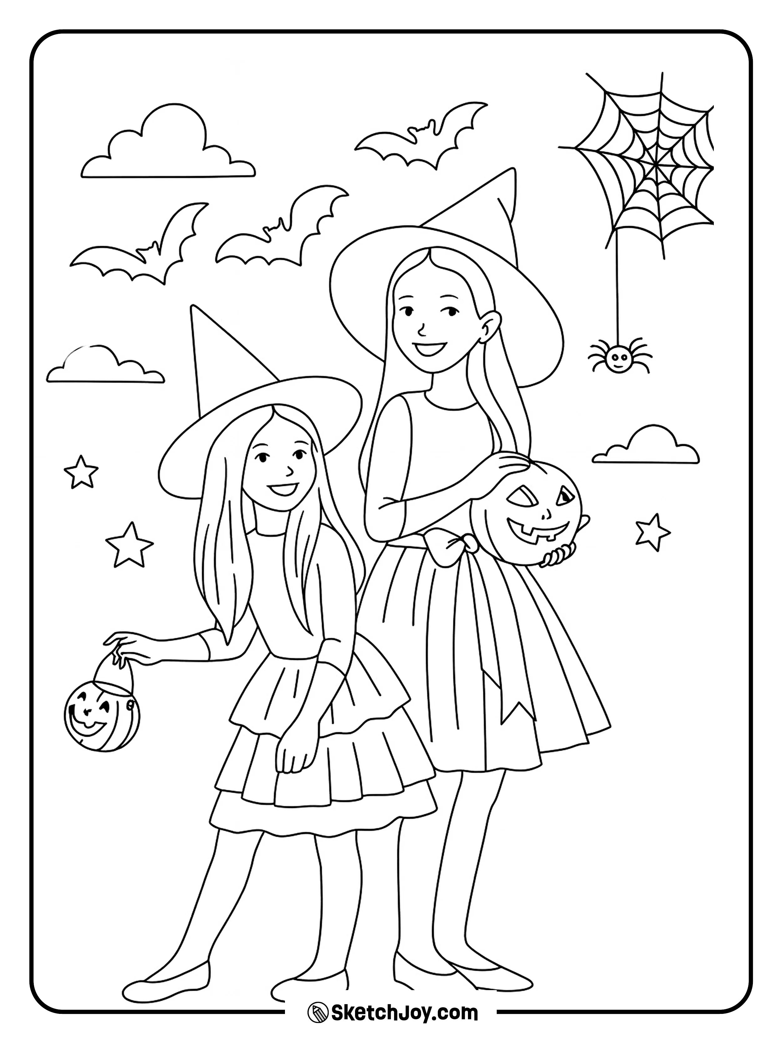 Two girls wearing witch hats and dresses stand together.