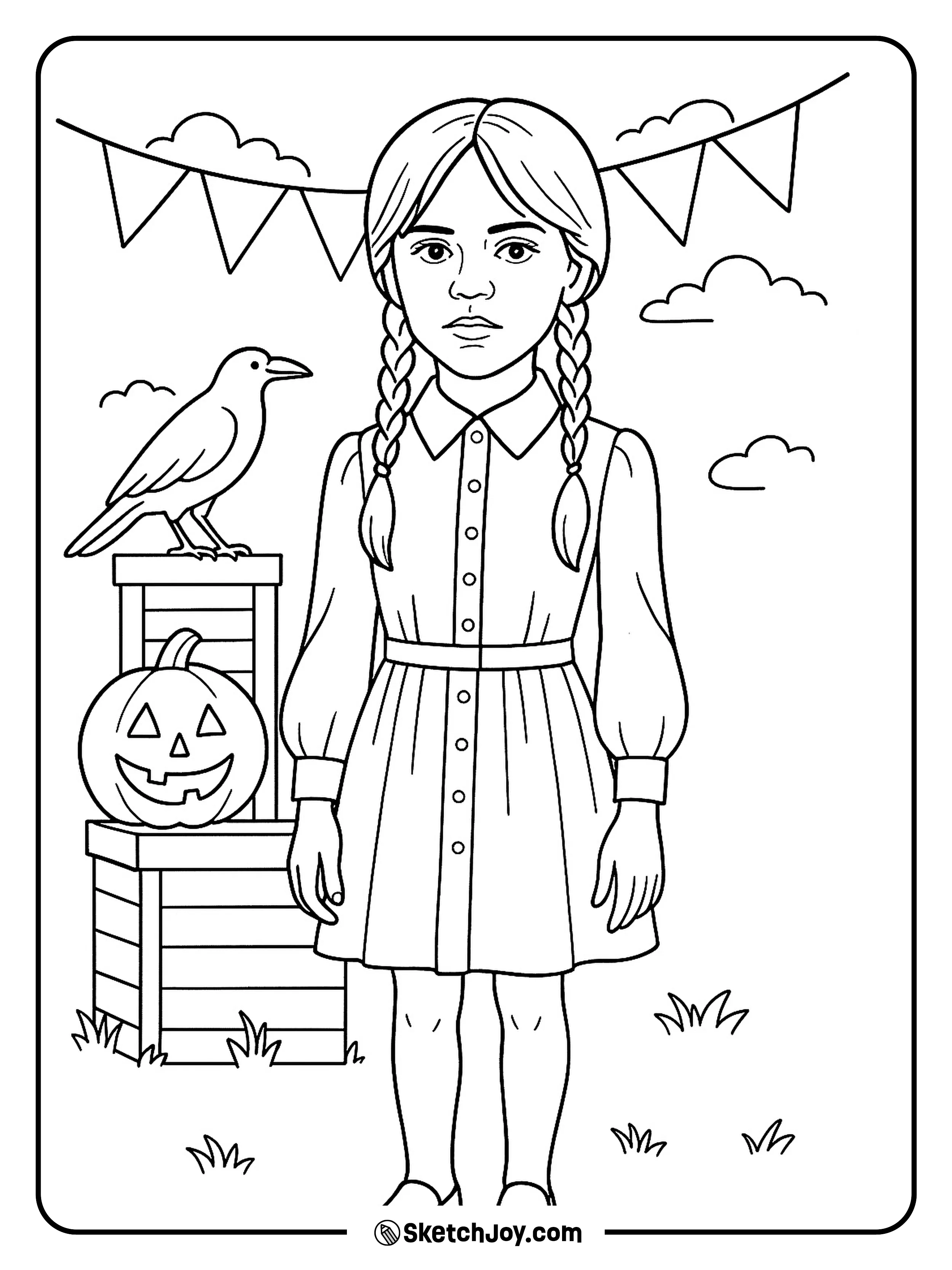 Wednesday standing with a raven and pumpkin in Halloween.