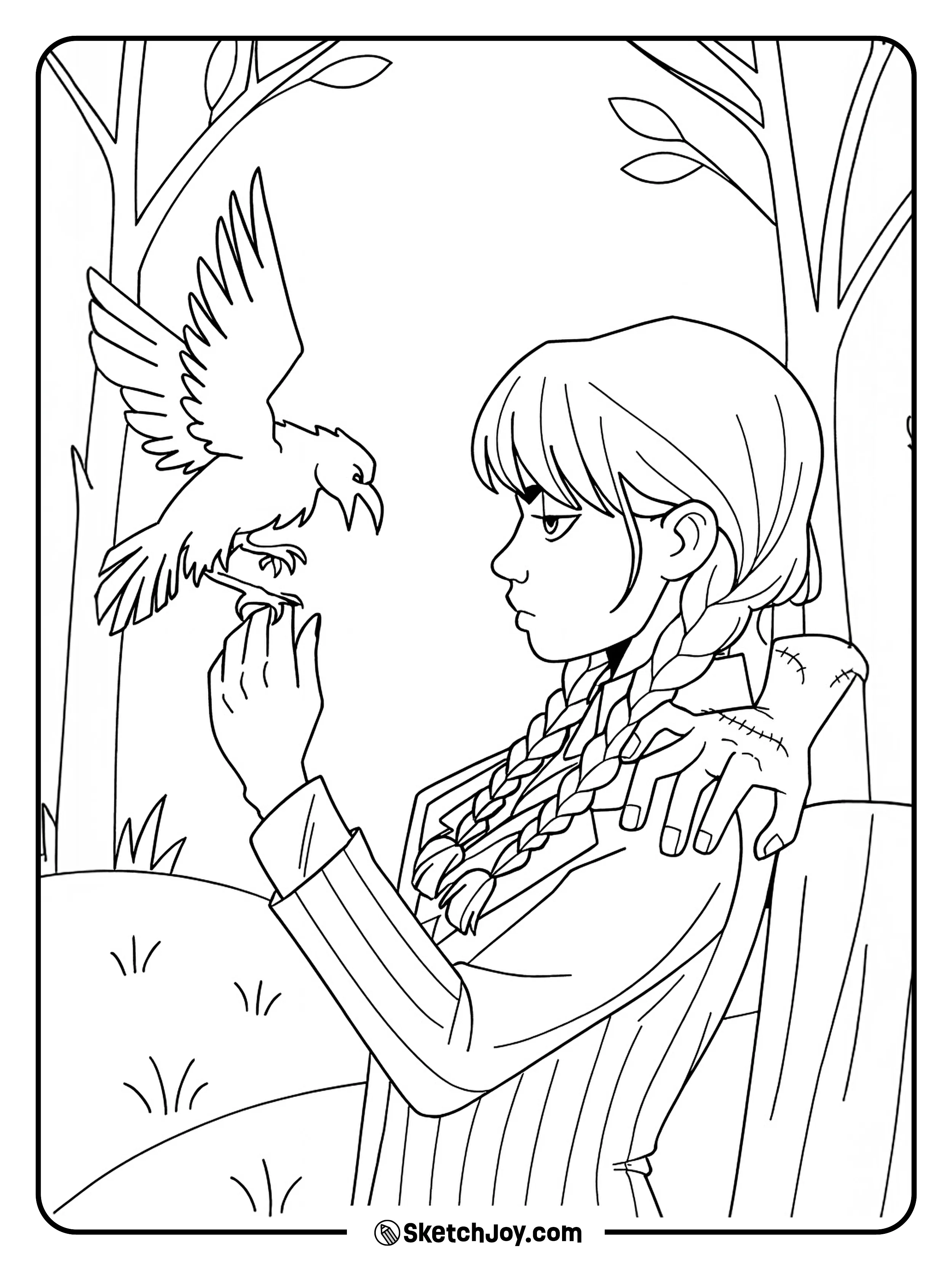 Wednesday holds a raven; Thing on her shoulder