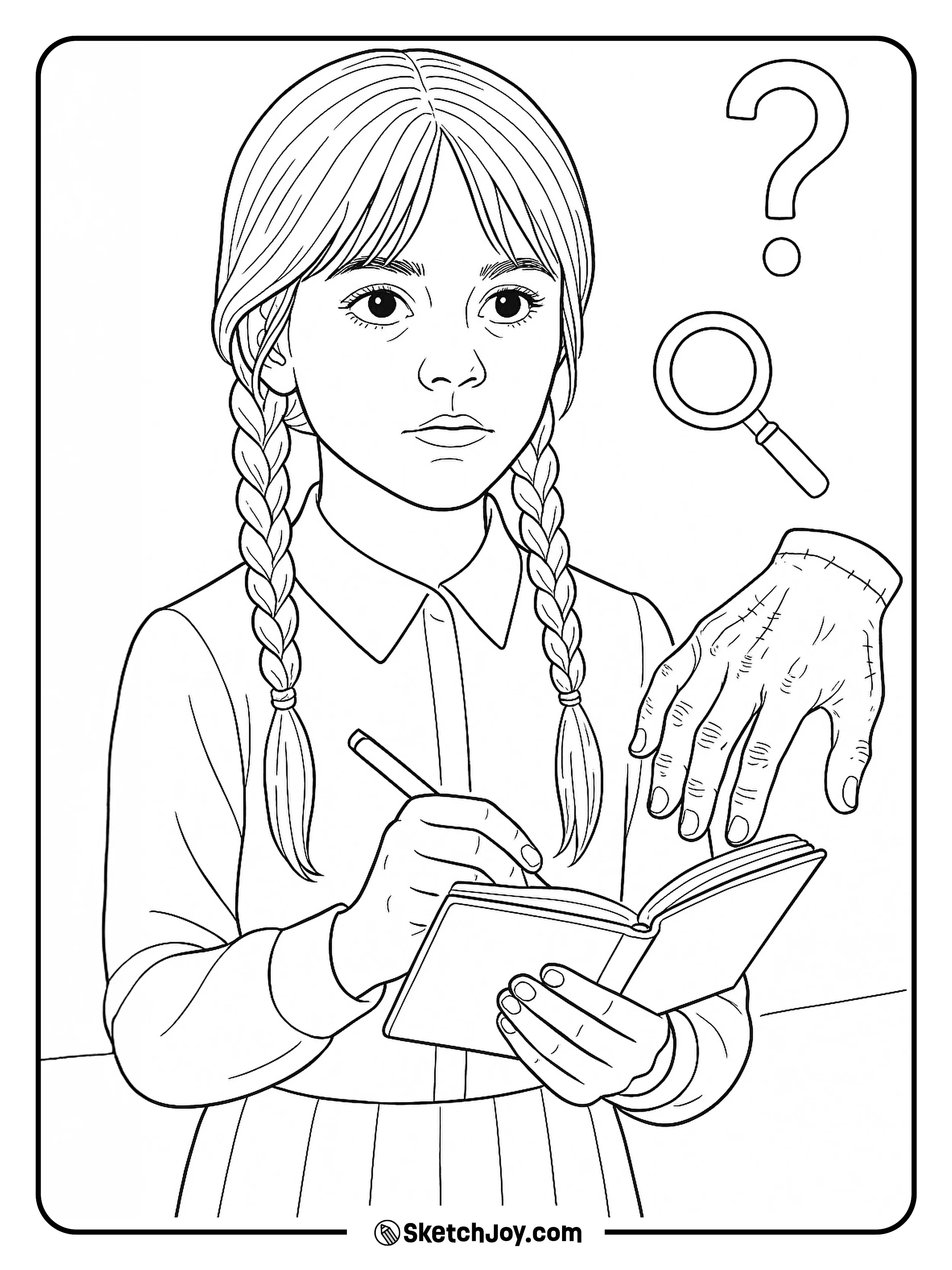 Wednesday studies clues while Thing points at a note.