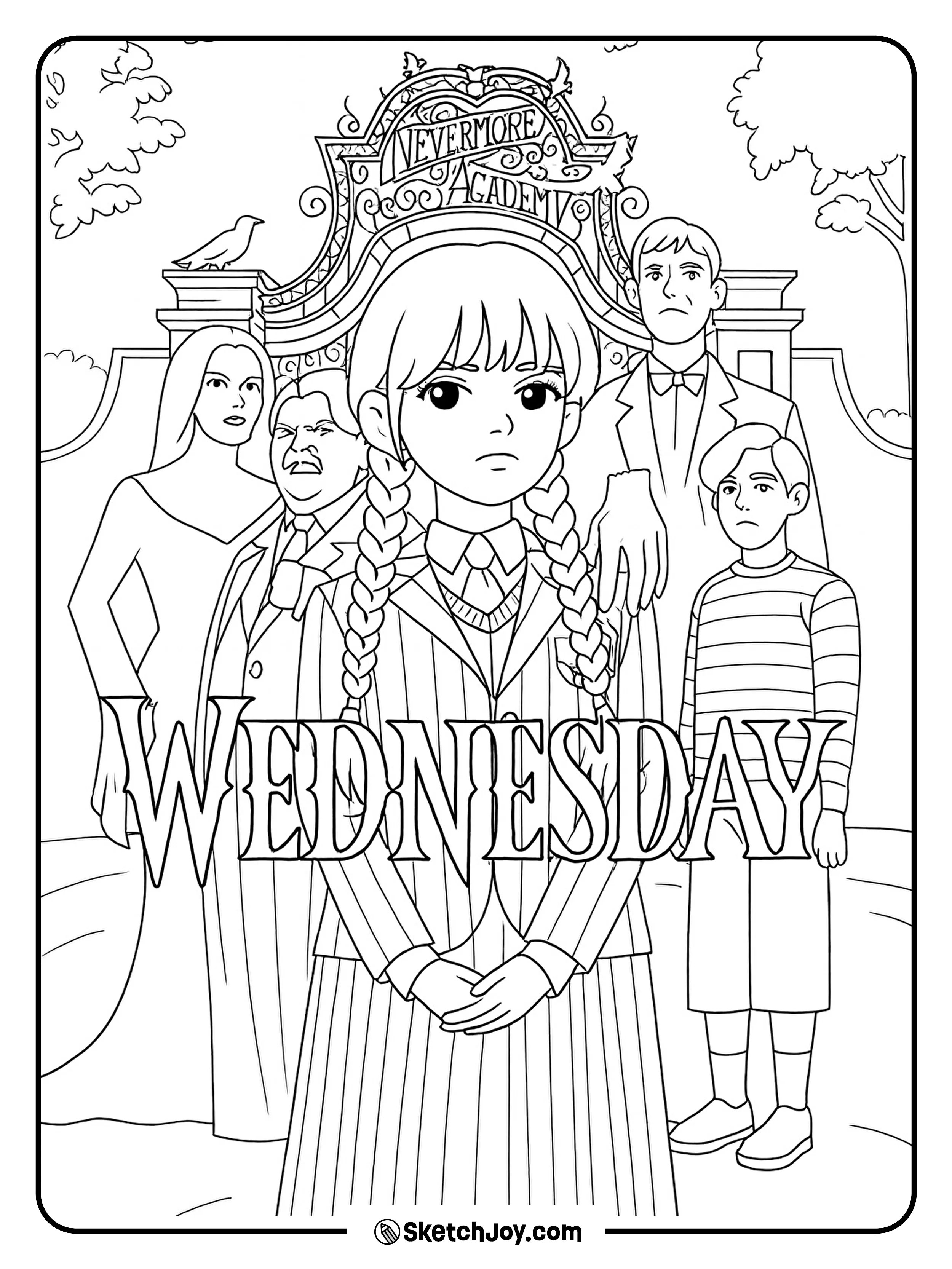 Wednesday stands before the academy with her family.
