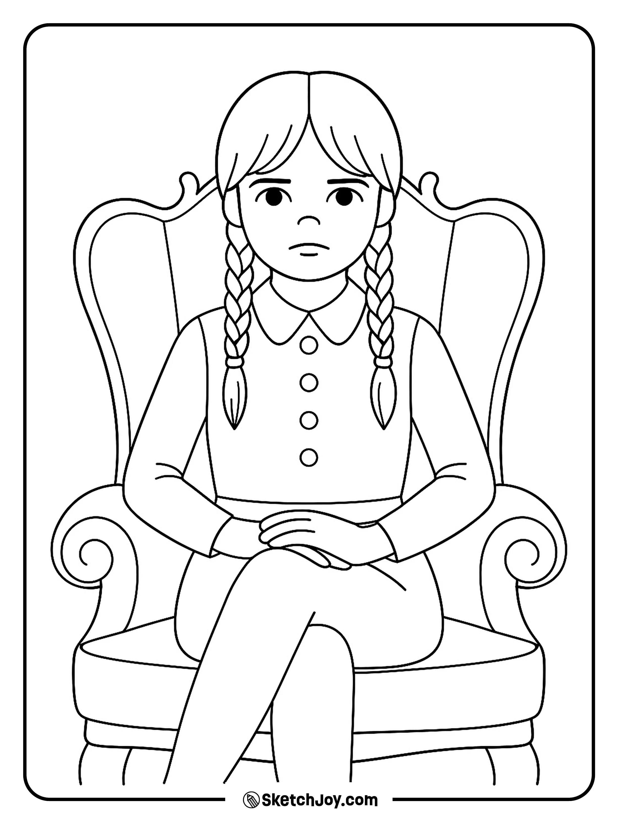 Wednesday seated on an ornate armchair.