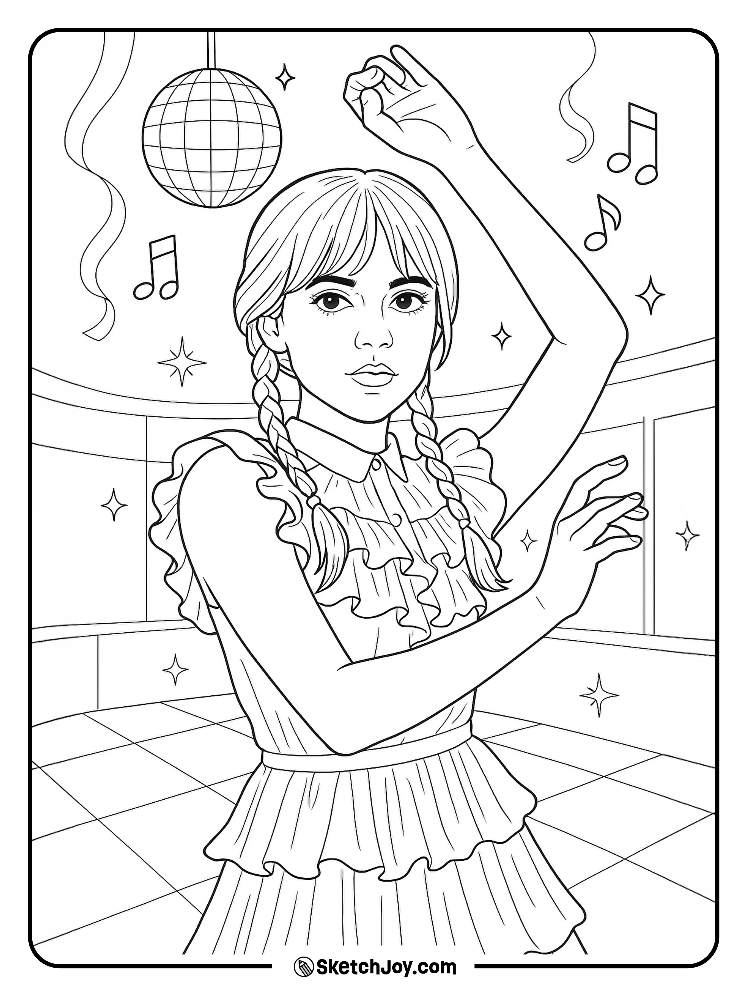 Wednesday strikes her famous dance stance in a simple ballroom setting.
