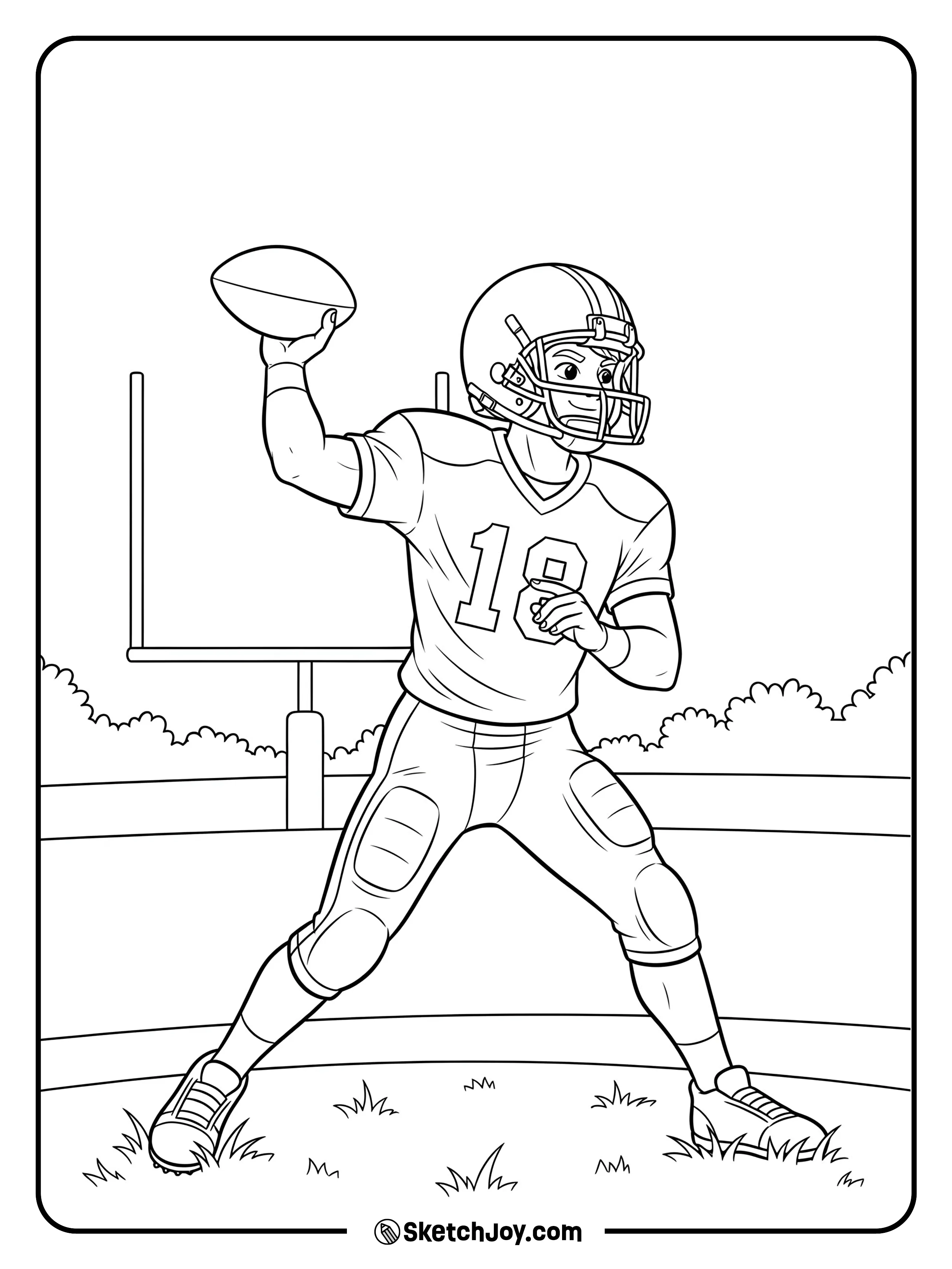 A kid quarterback mid-throw on a football field.