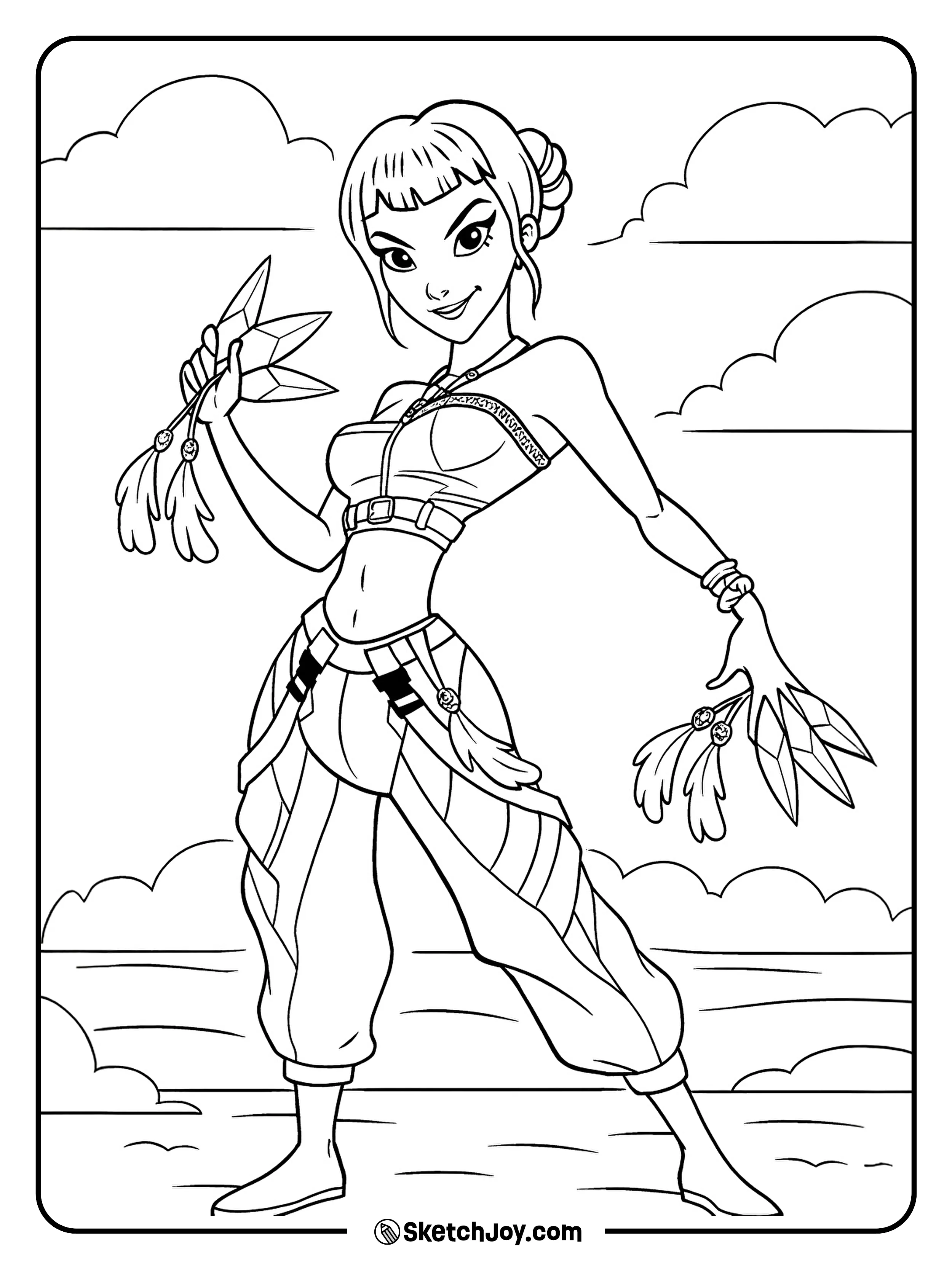 Zoey poses confidently with shin-kals in both hands