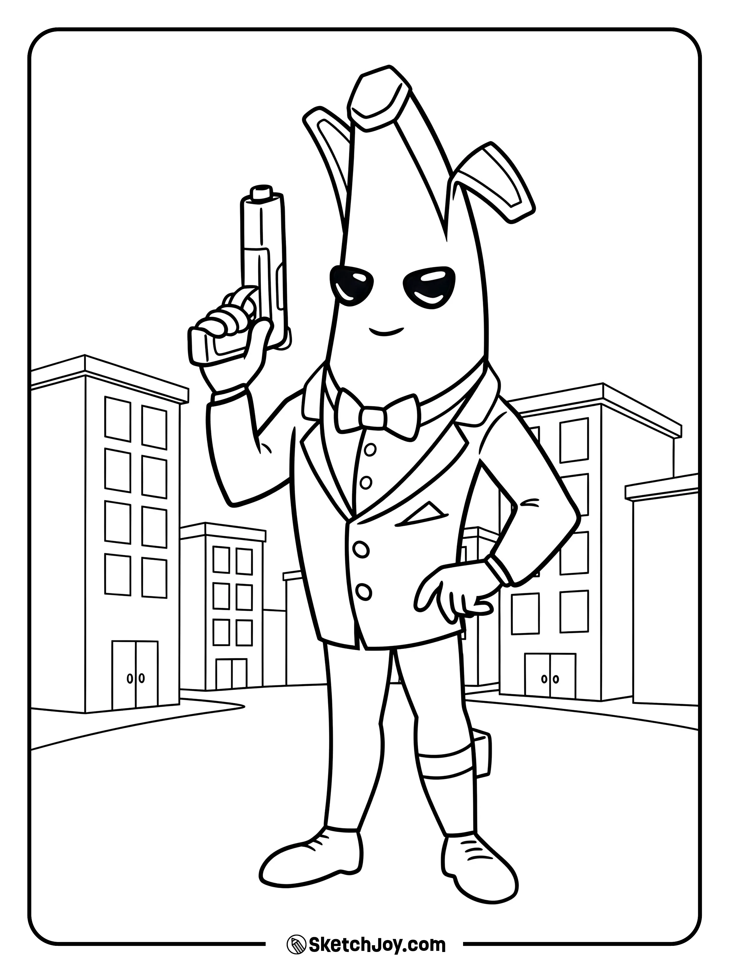 Agent Peely pauses confidently on a quiet city block.