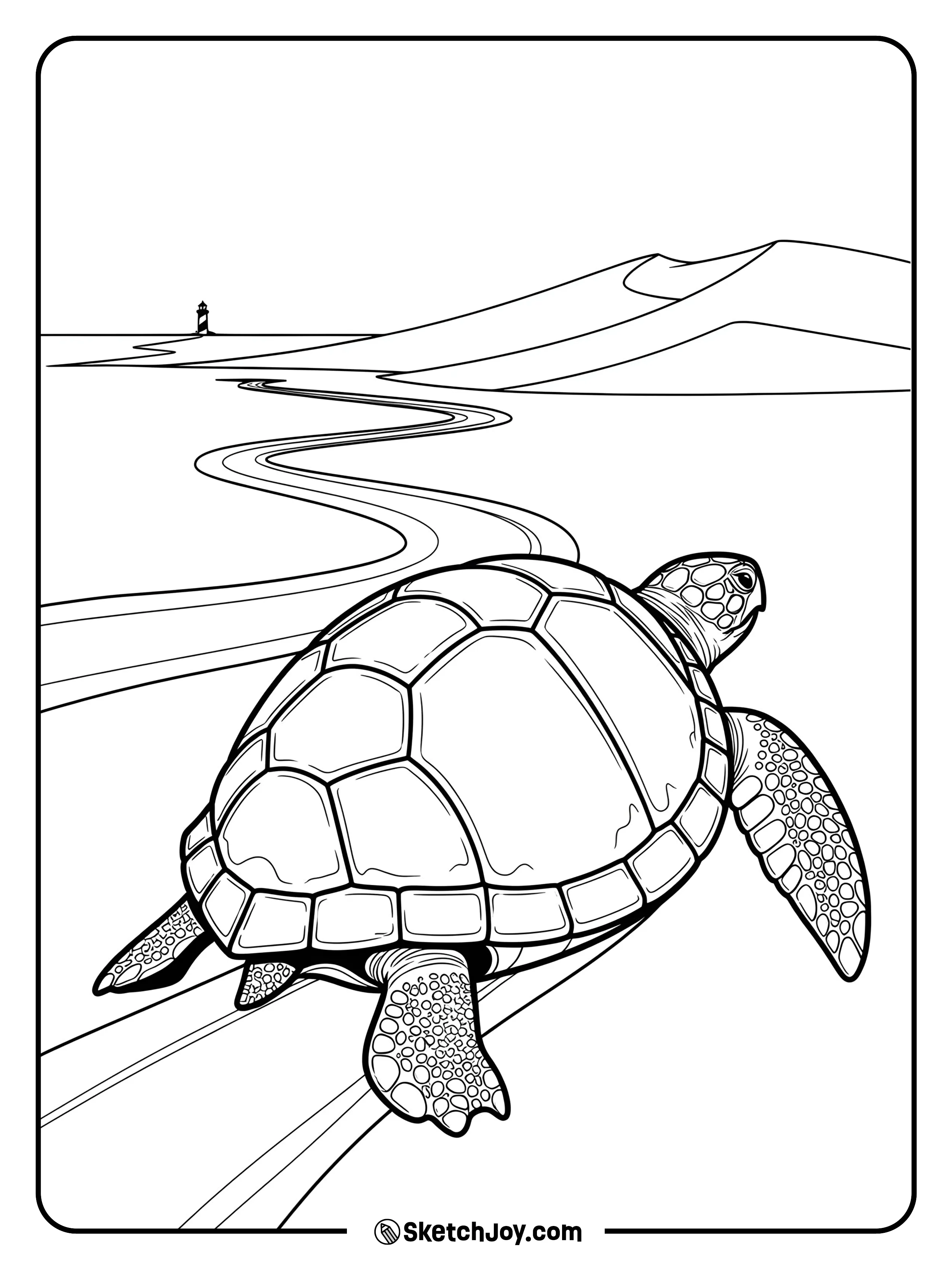 A large sea turtle leaves deep tracks on a quiet beach.