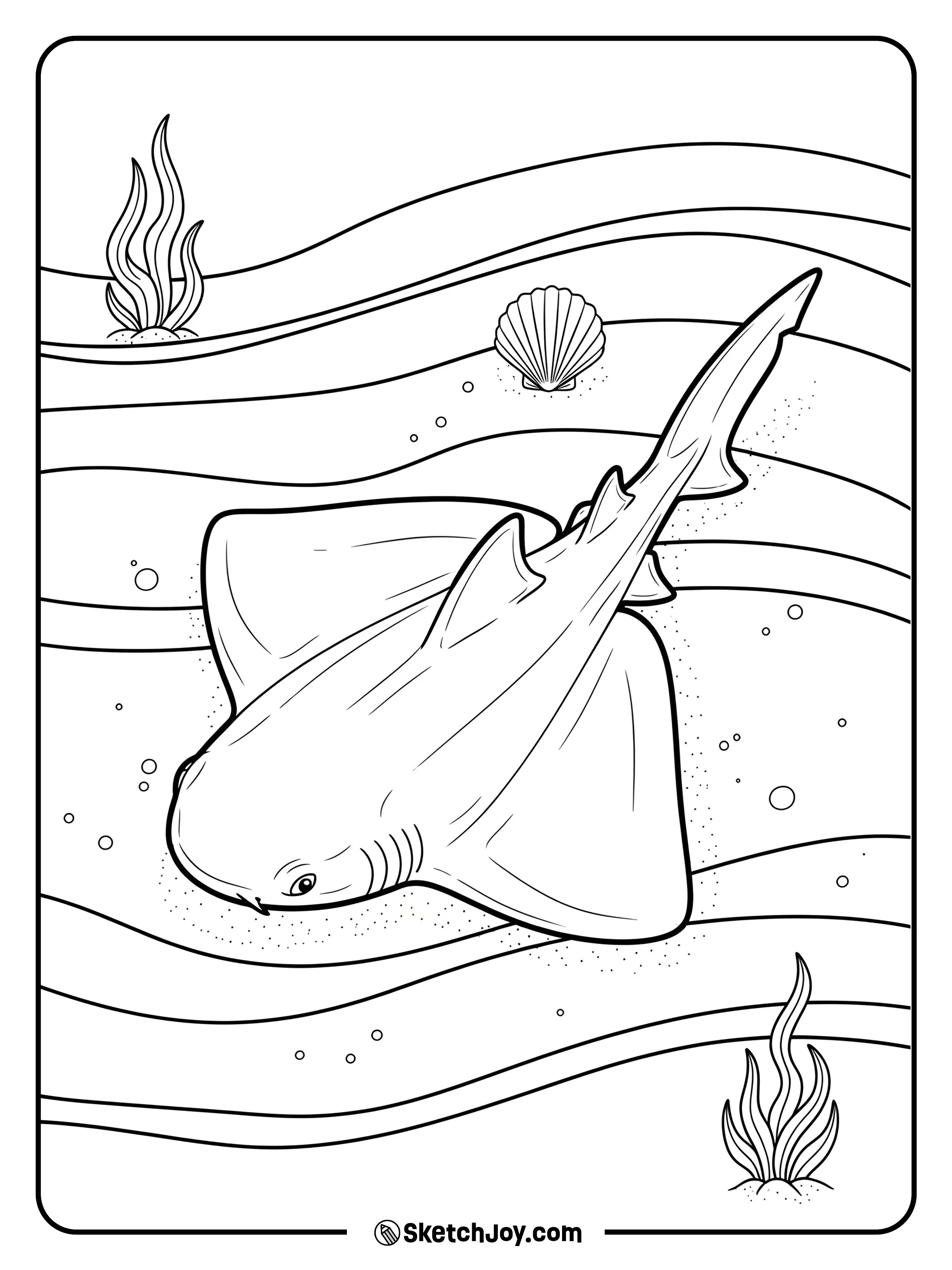 A flattened angel shark settles into sand