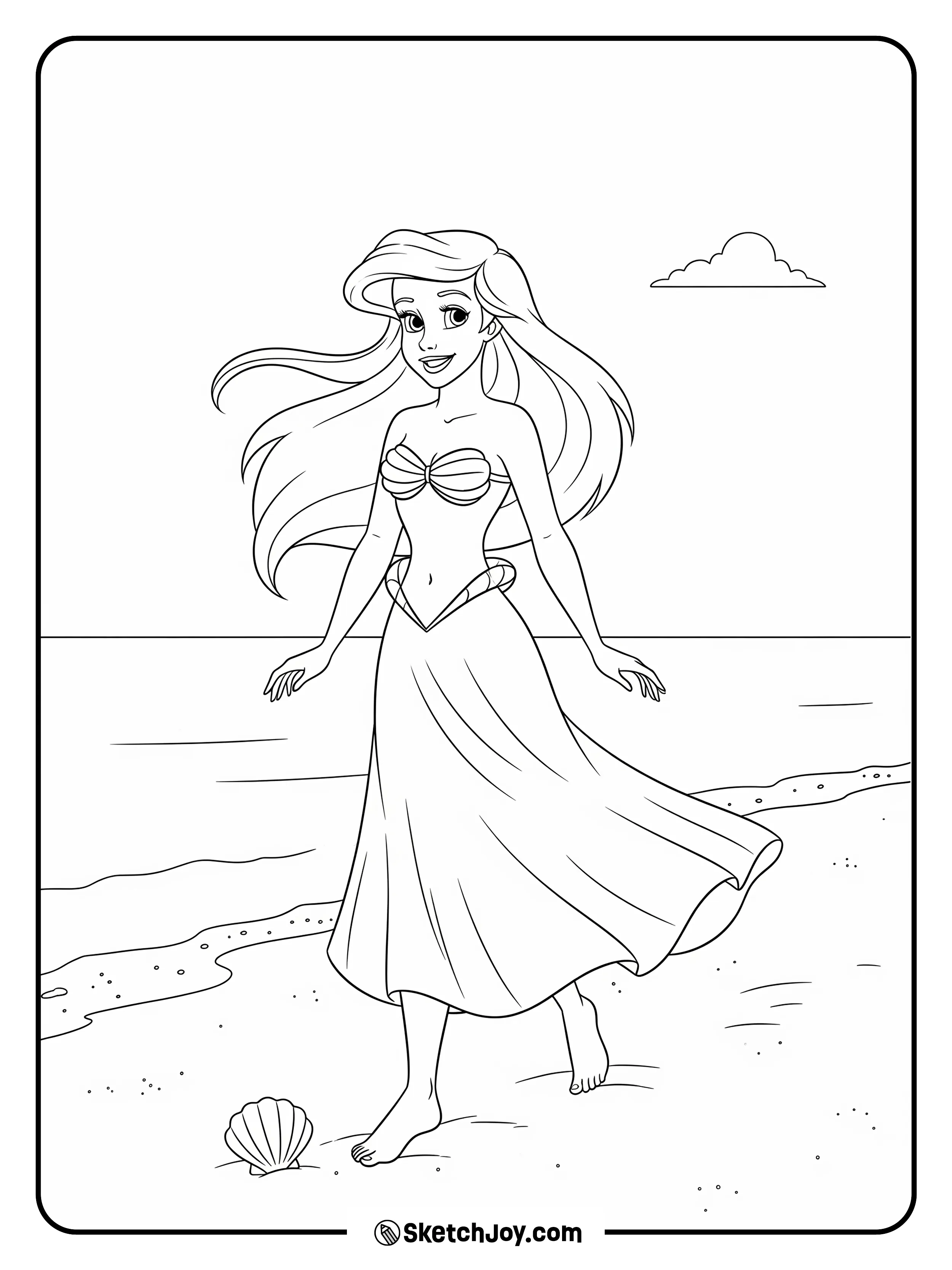 Human-Ariel strolls along the waterline, carefree.