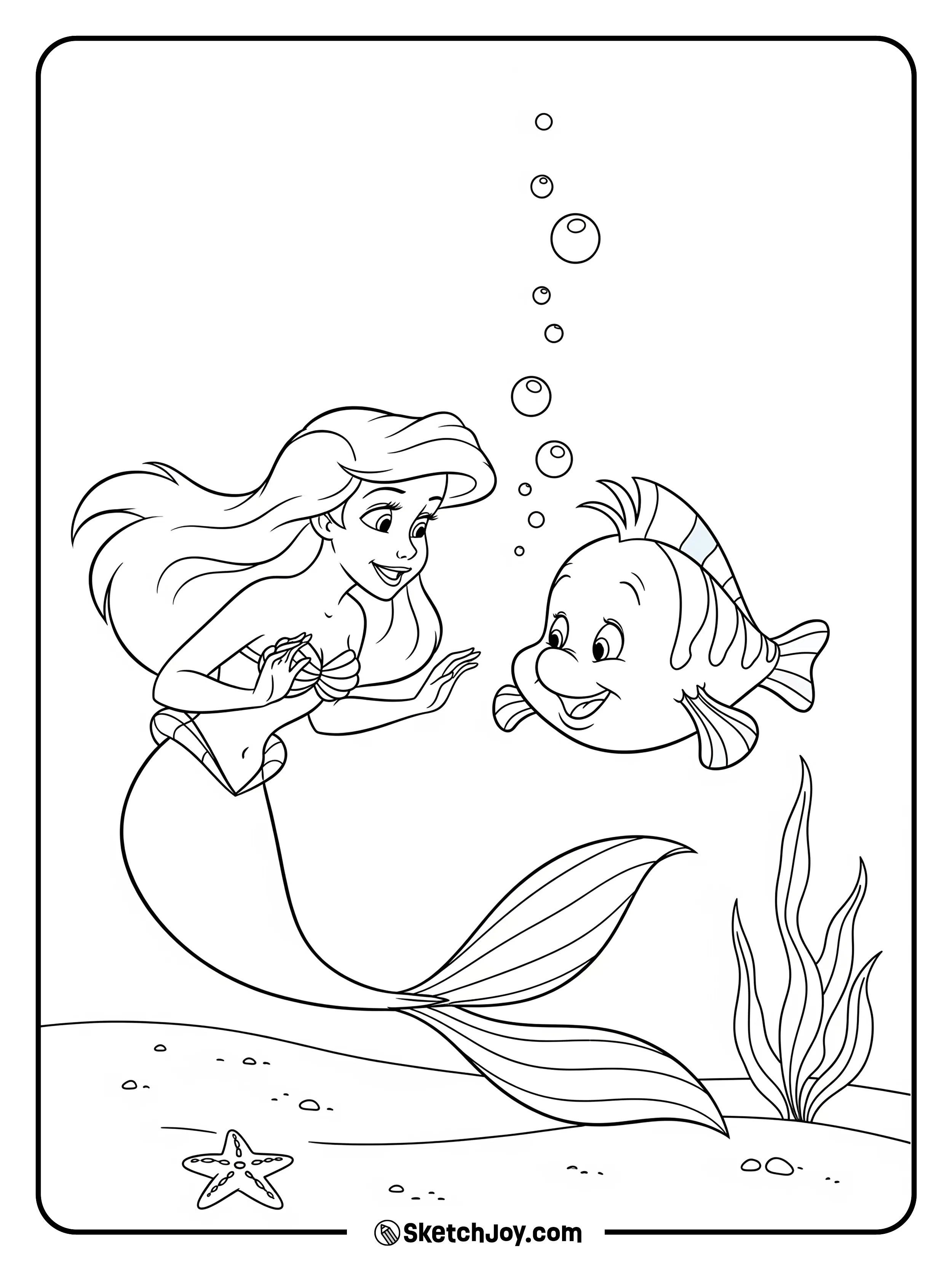 Ariel and Flounder share a cheerful underwater moment.