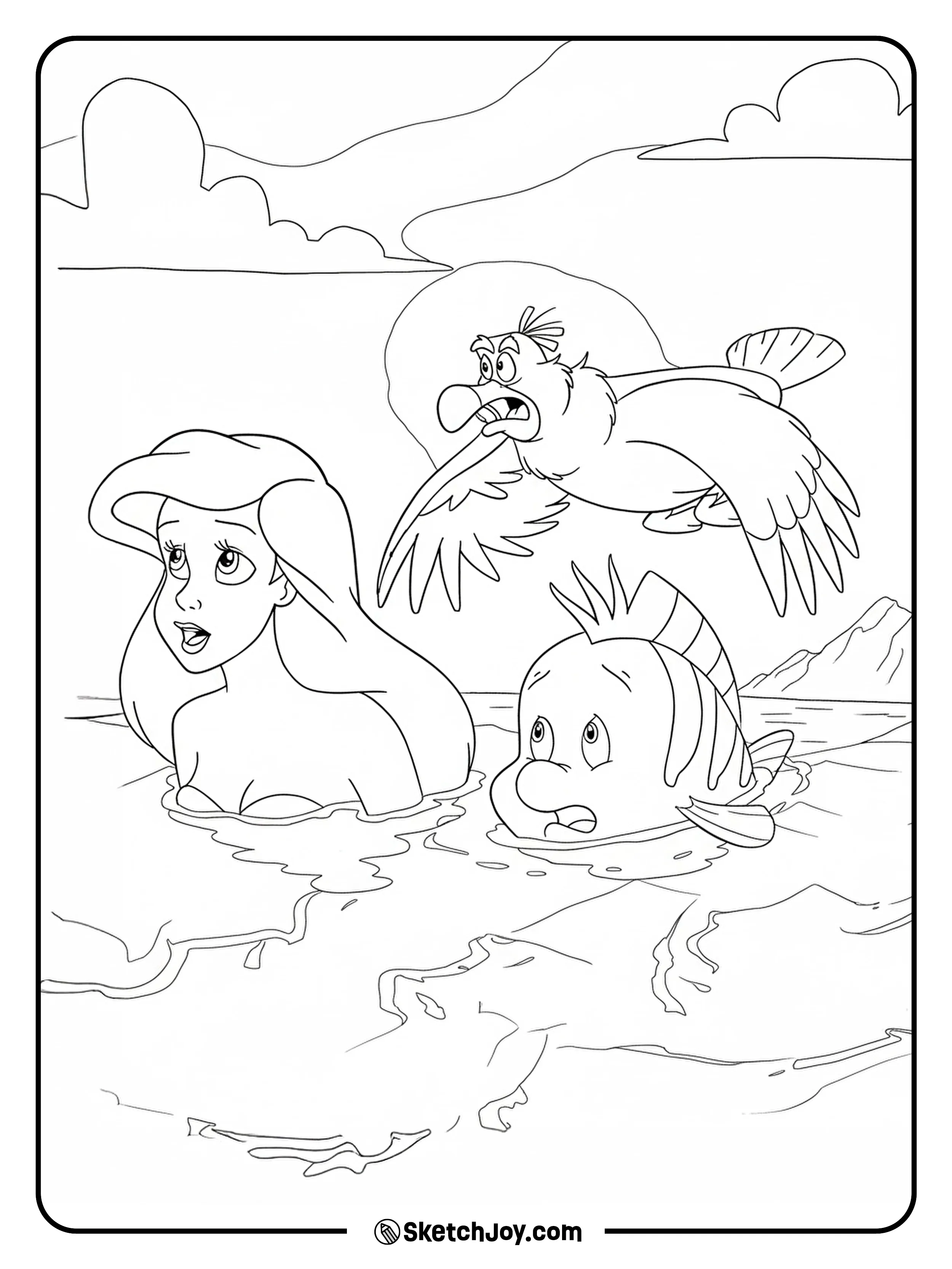Ariel and Flounder peek above the water