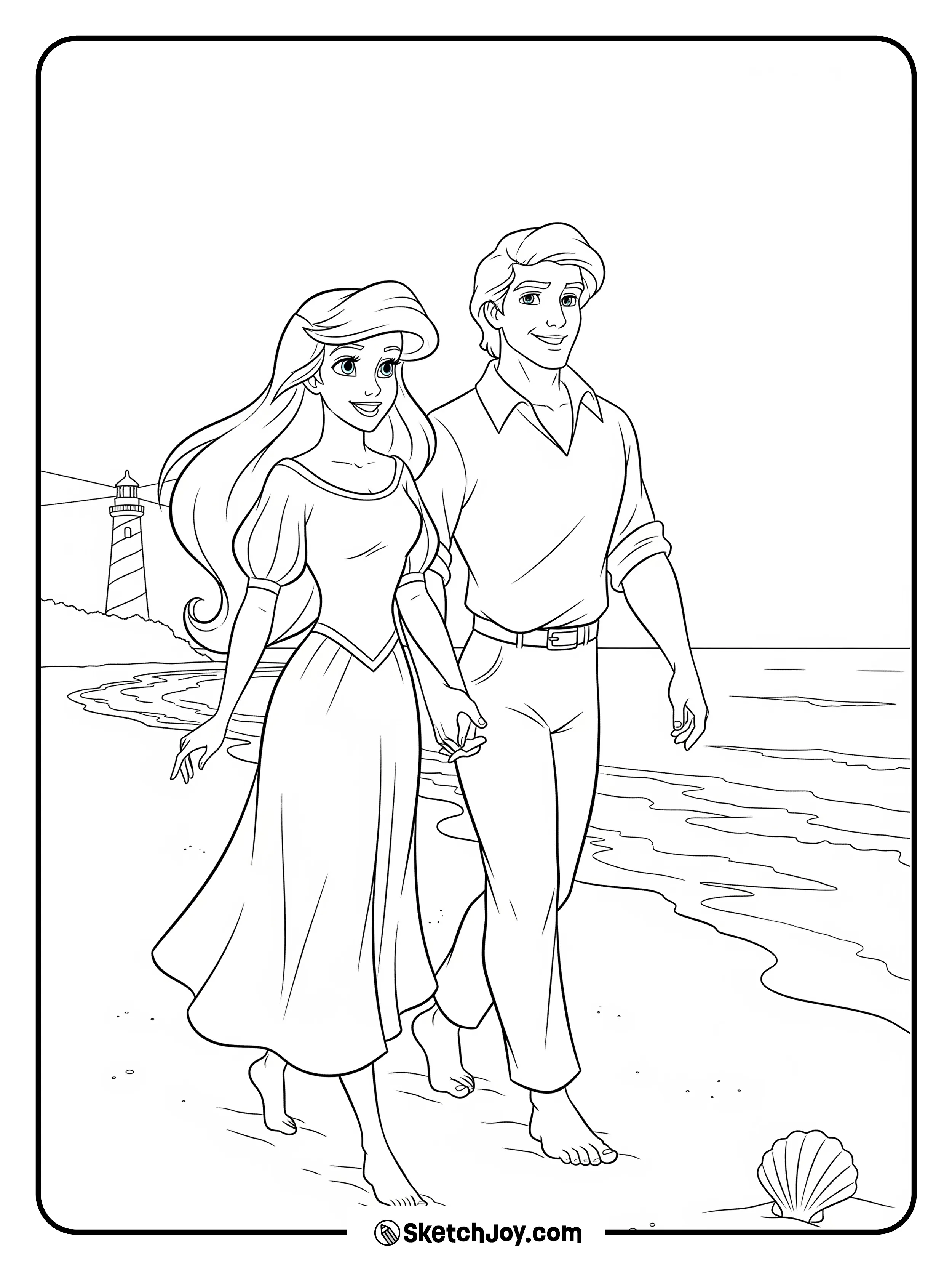 Ariel and Eric stroll by the shore, hand in hand.