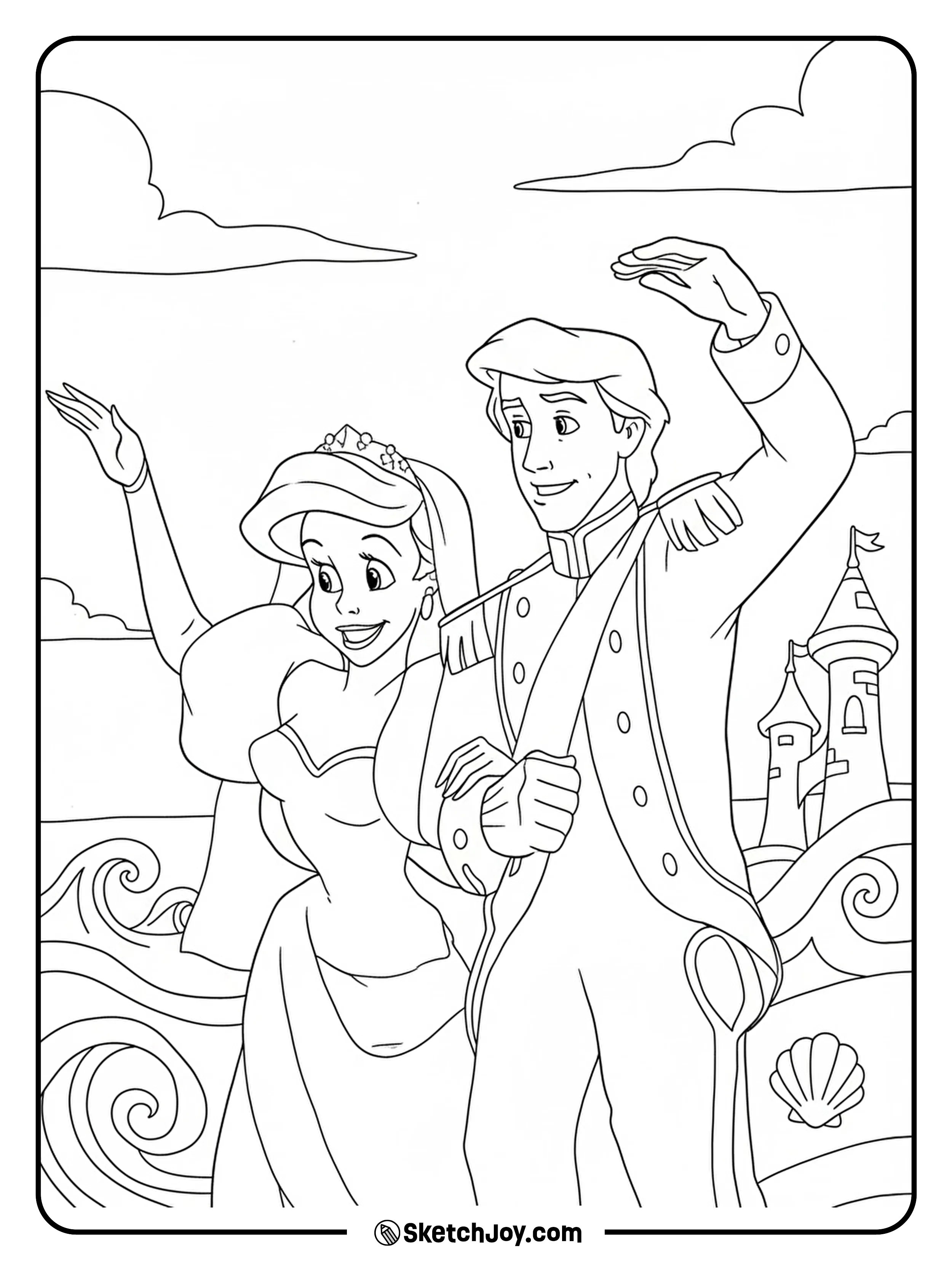 Ariel and Eric smile and wave arm-in-arm after their wedding