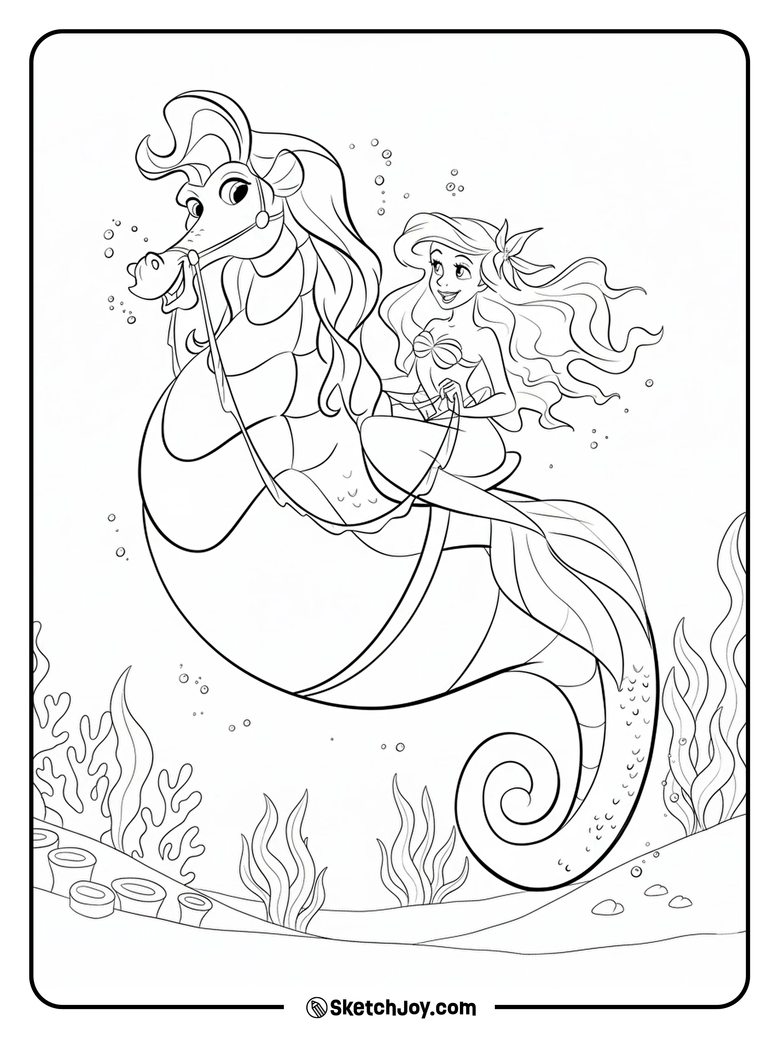 Ariel joyfully rides a friendly seahorse.