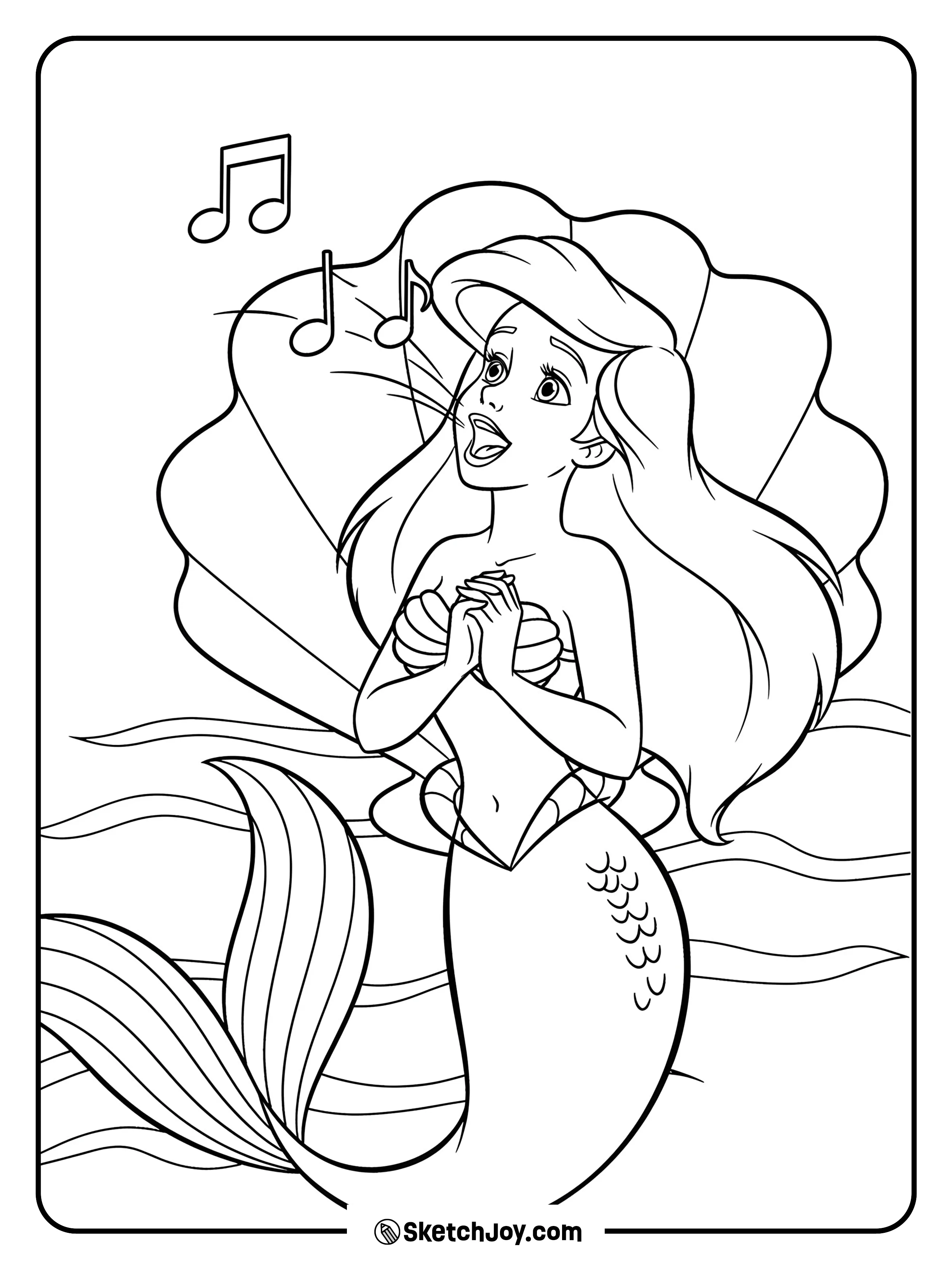 Ariel sings a happy tune, inviting coloring fun.