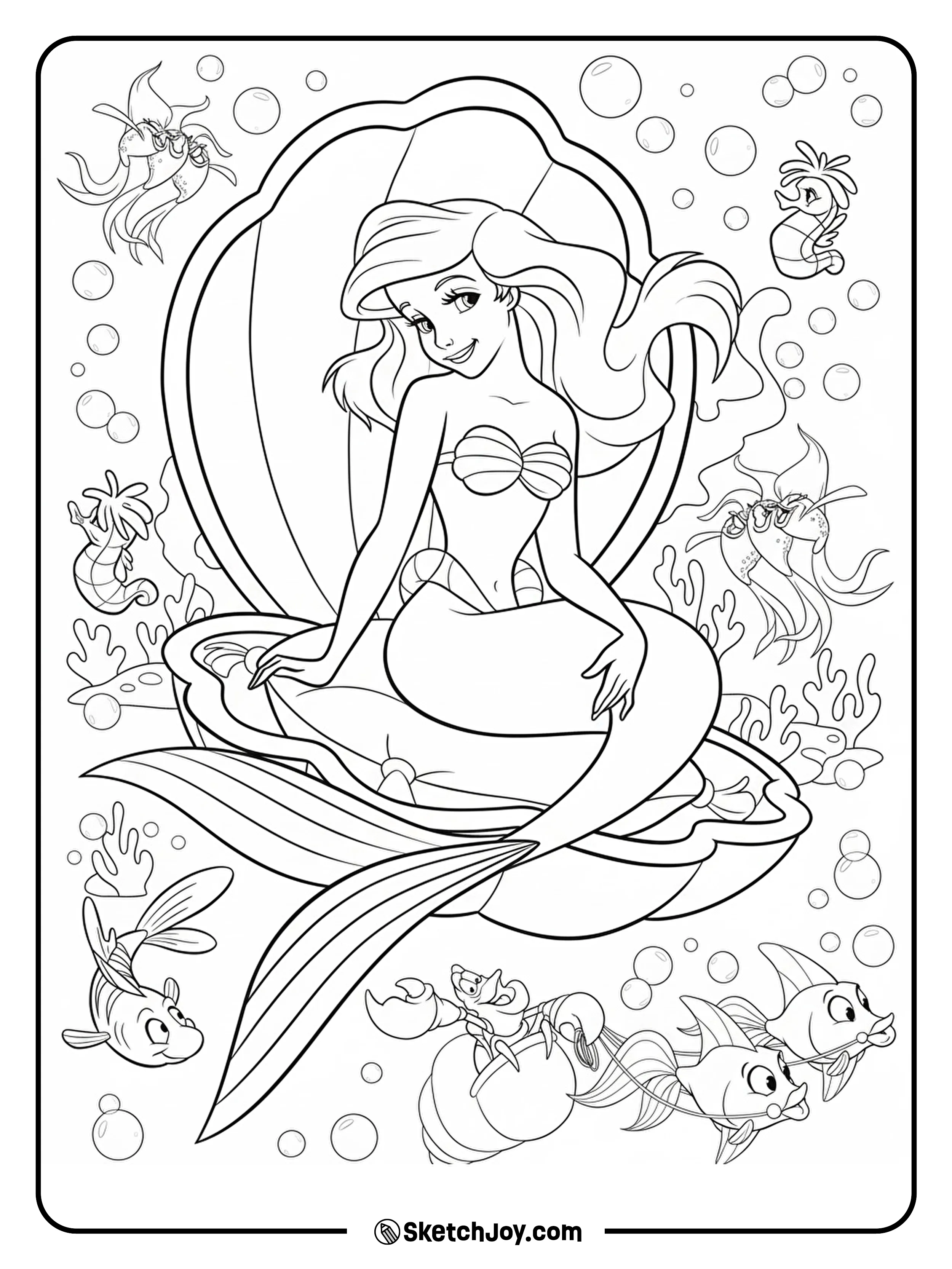 Ariel sits gracefully inside an open clam shell