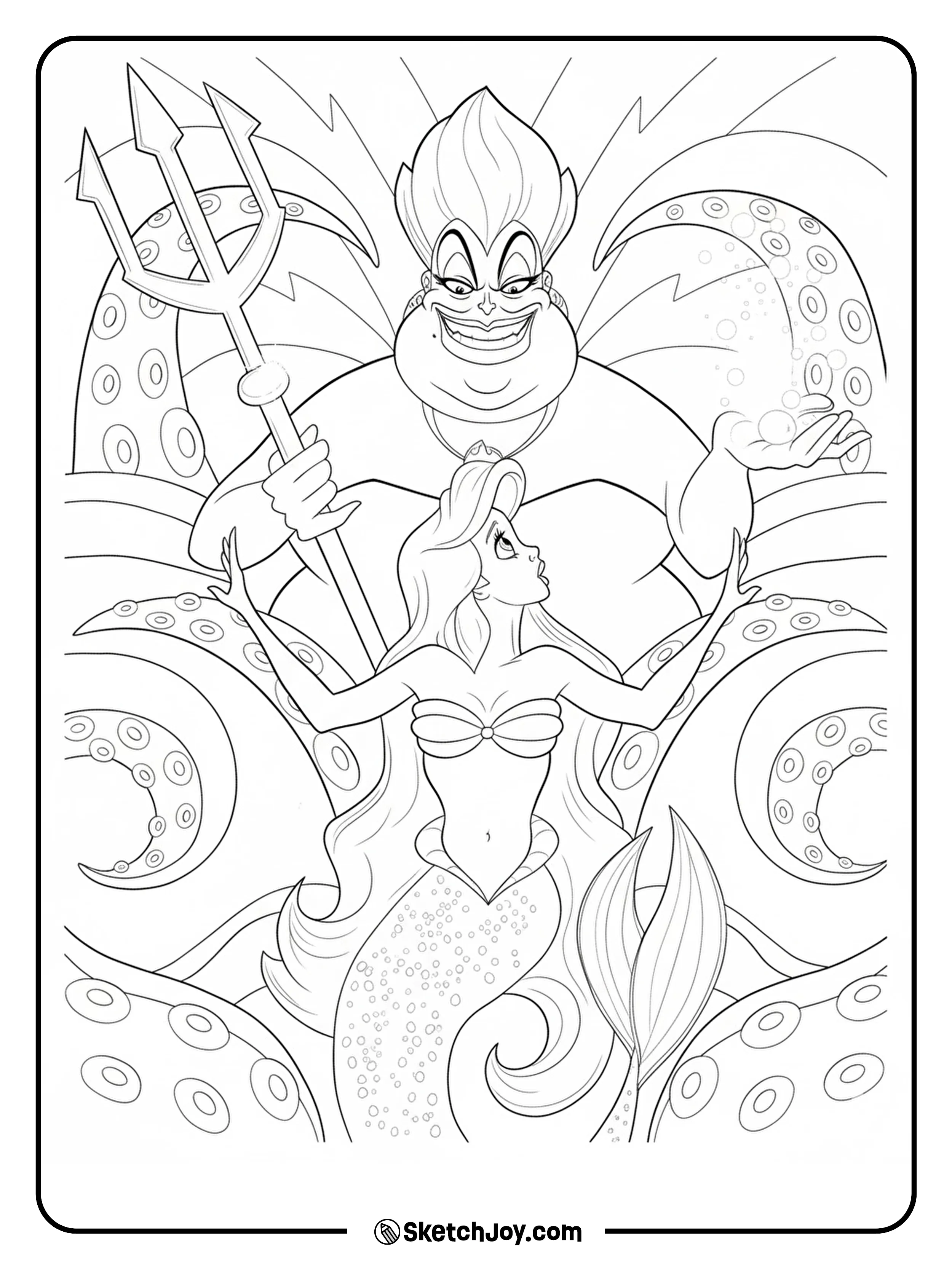 Ariel looks up bravely at Ursula holding the trident