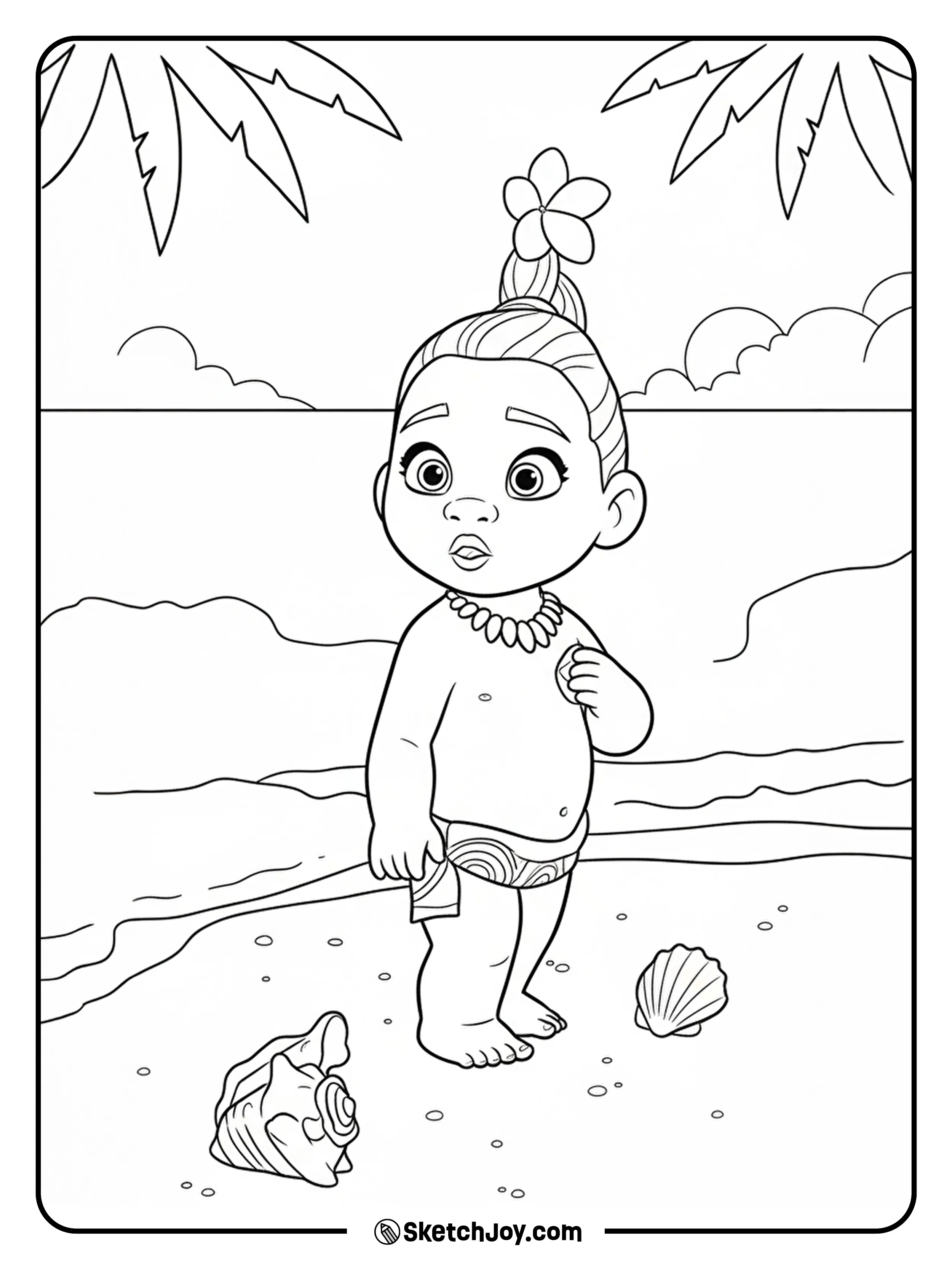 Baby Moana stands on the beach with her flower topknot and bead necklace