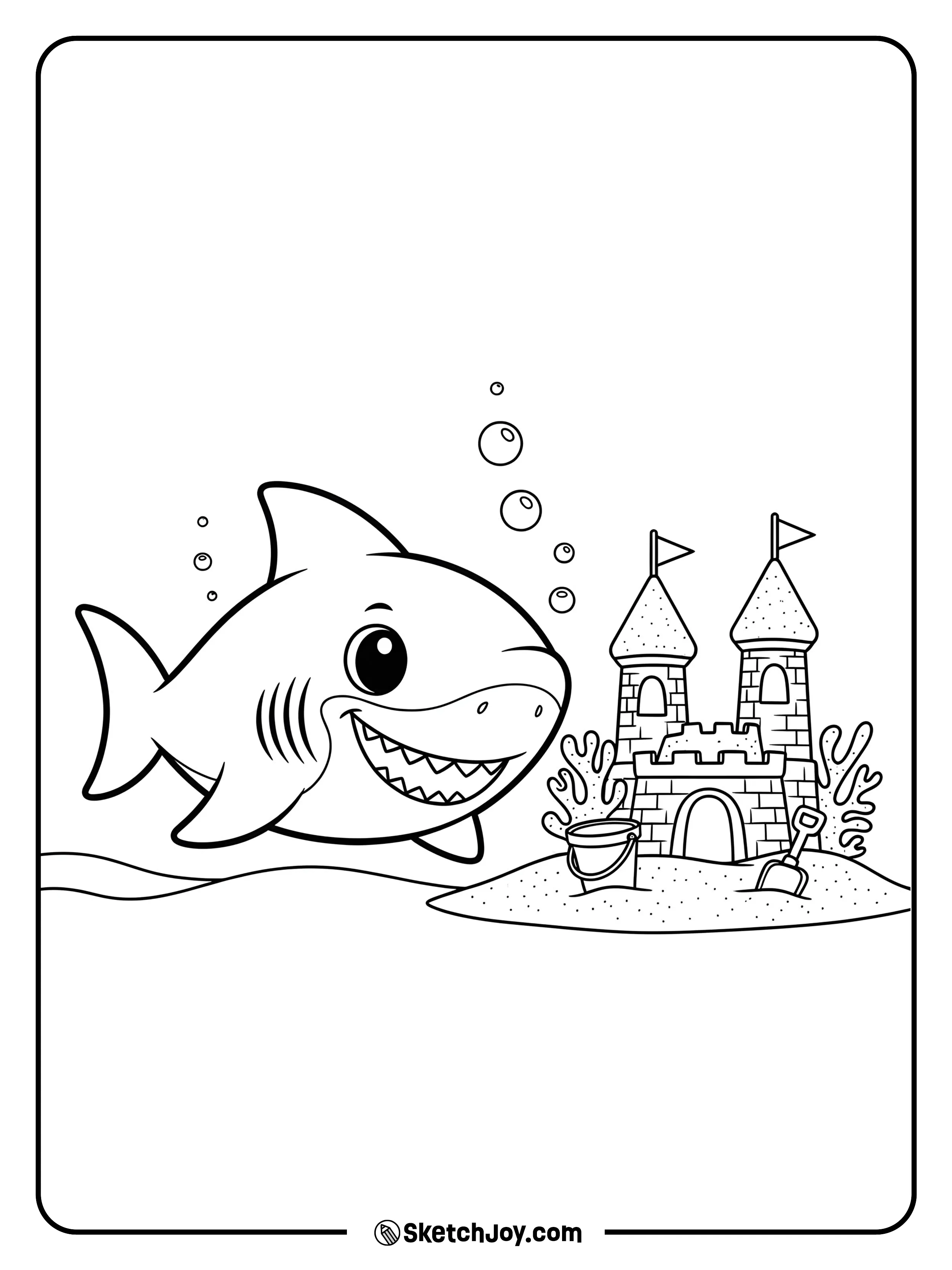 A small shark grins near a tiny sand castle
