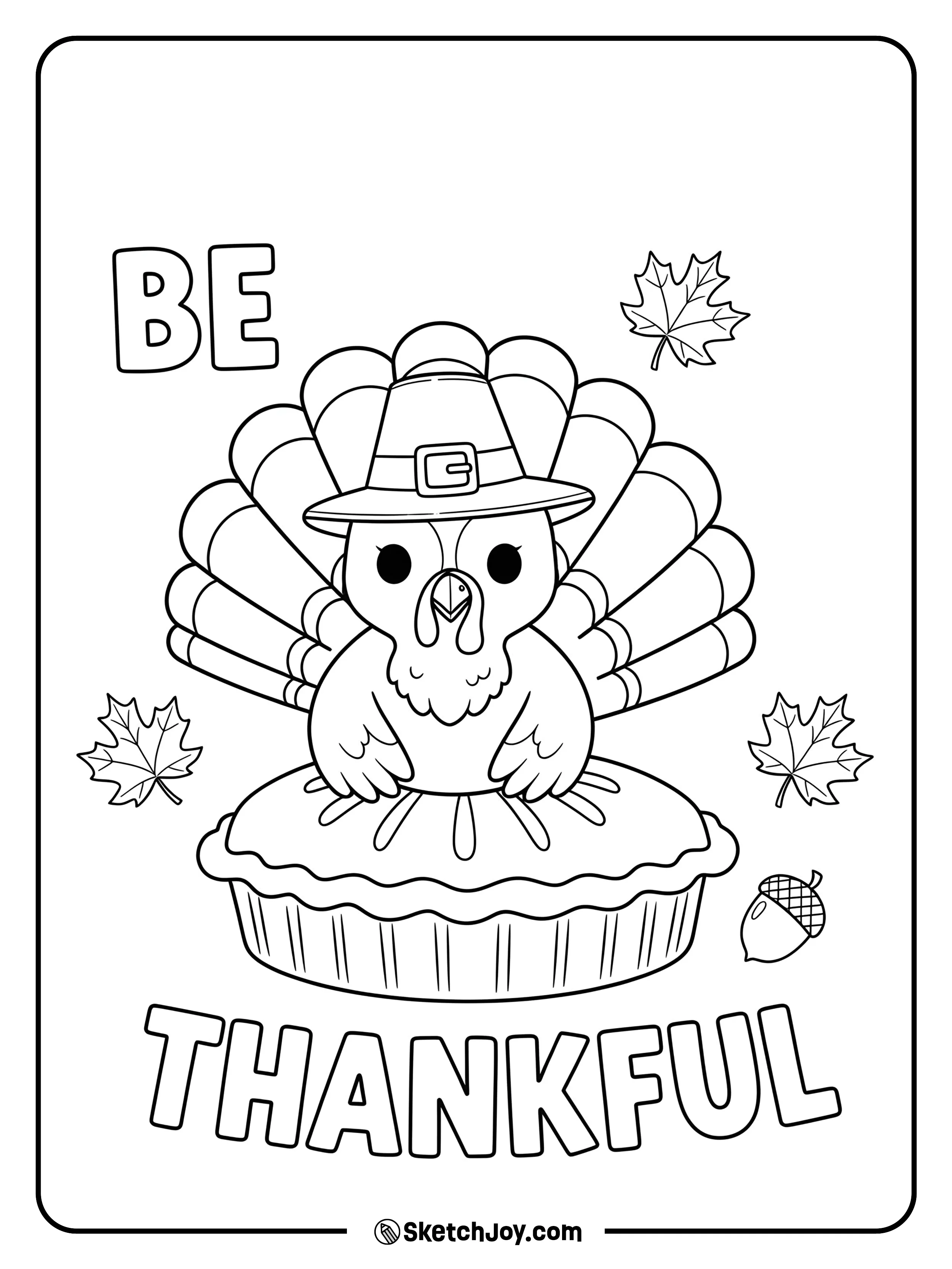 A cute turkey in a small pilgrim hat pops out of a pie