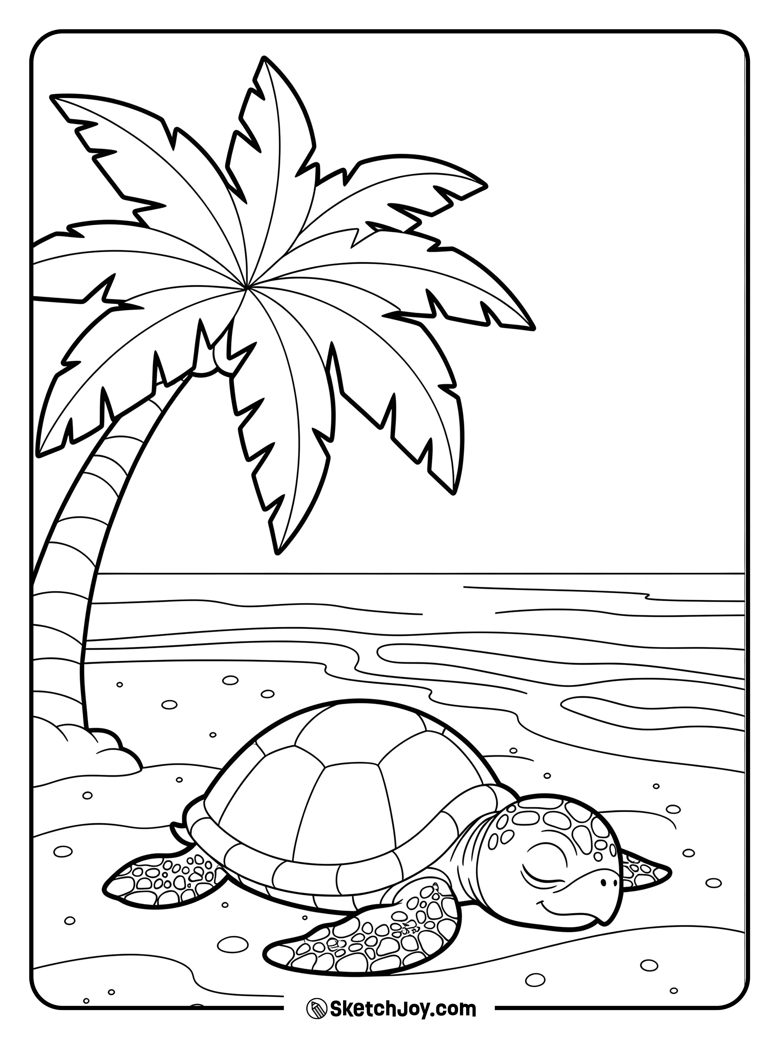 A sleepy turtle rests in the shade of a palm tree.