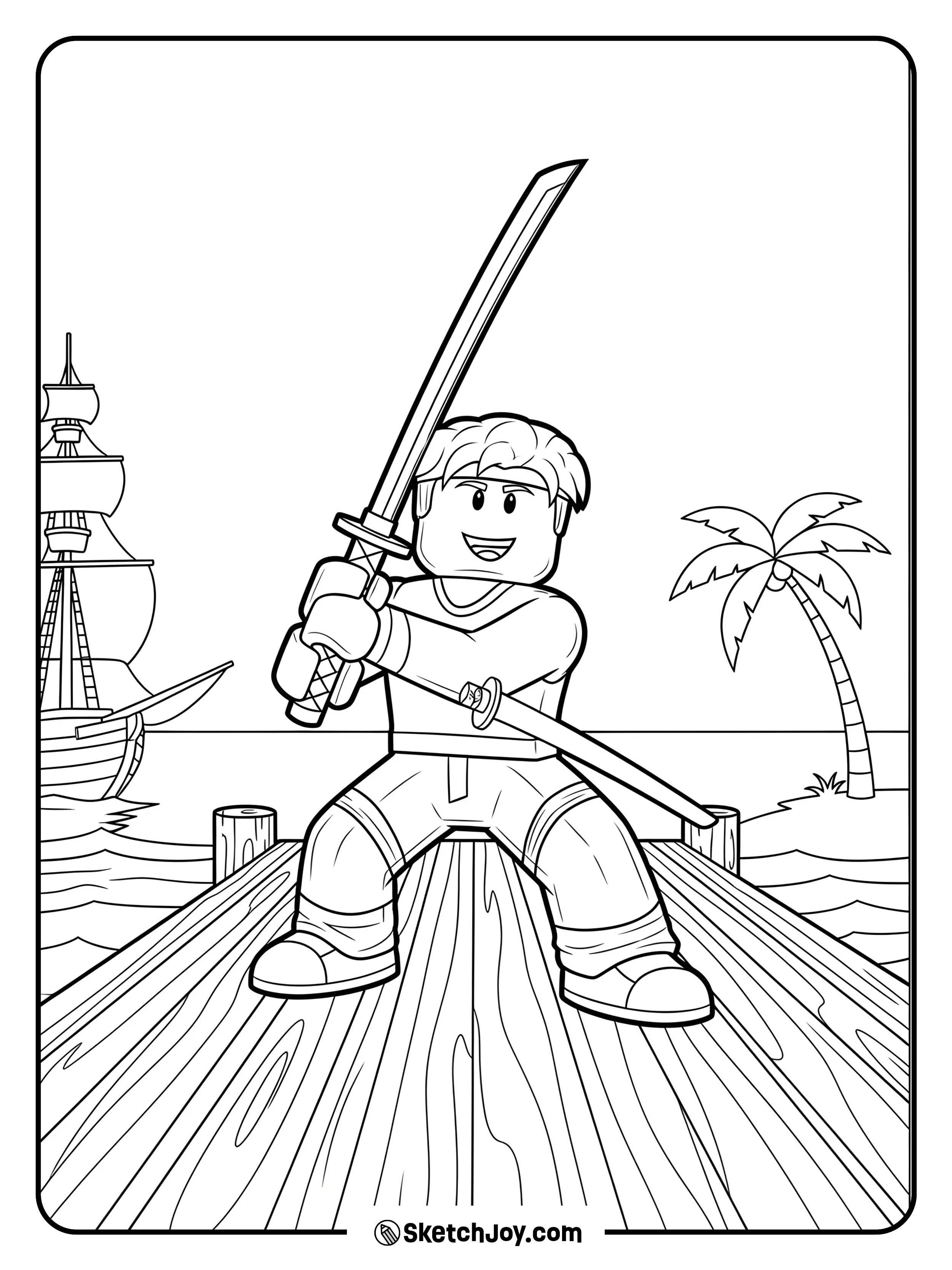 A swashbuckler readies their blade by the sea.
