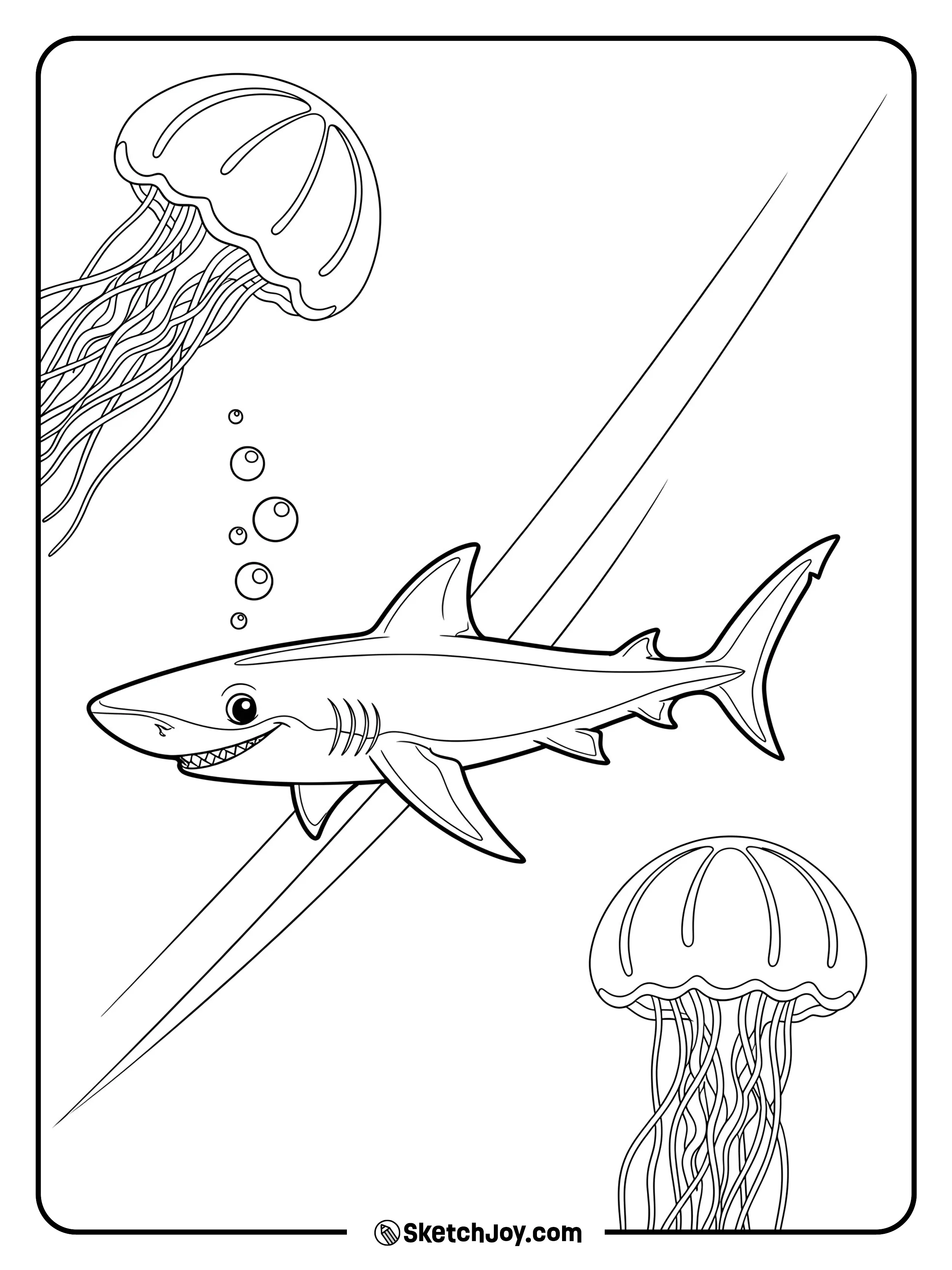 A blue shark swims past drifting jelly umbrellas.