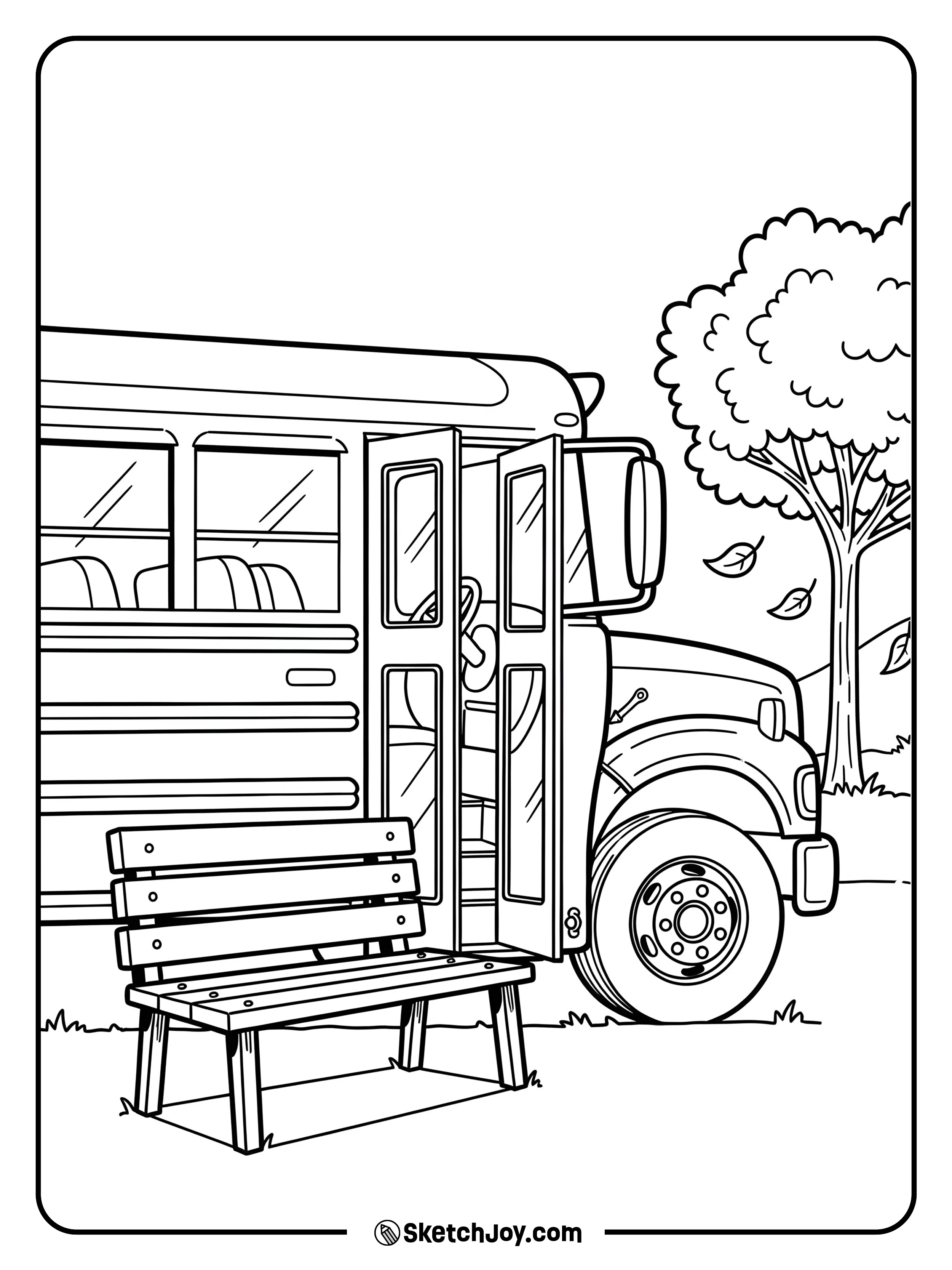 A quiet stop with swirling leaves around.