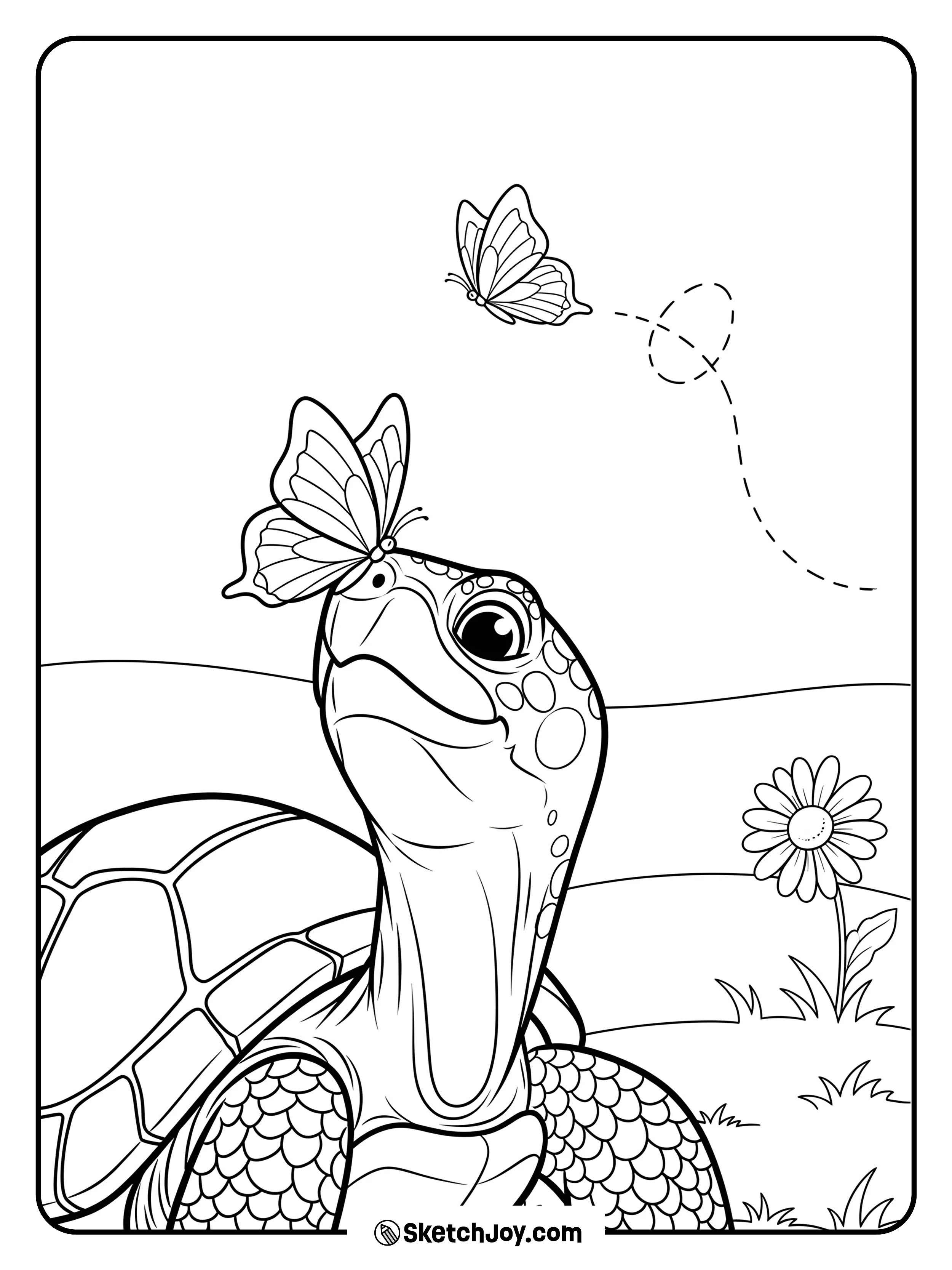 Butterfly lands on turtle's nose.