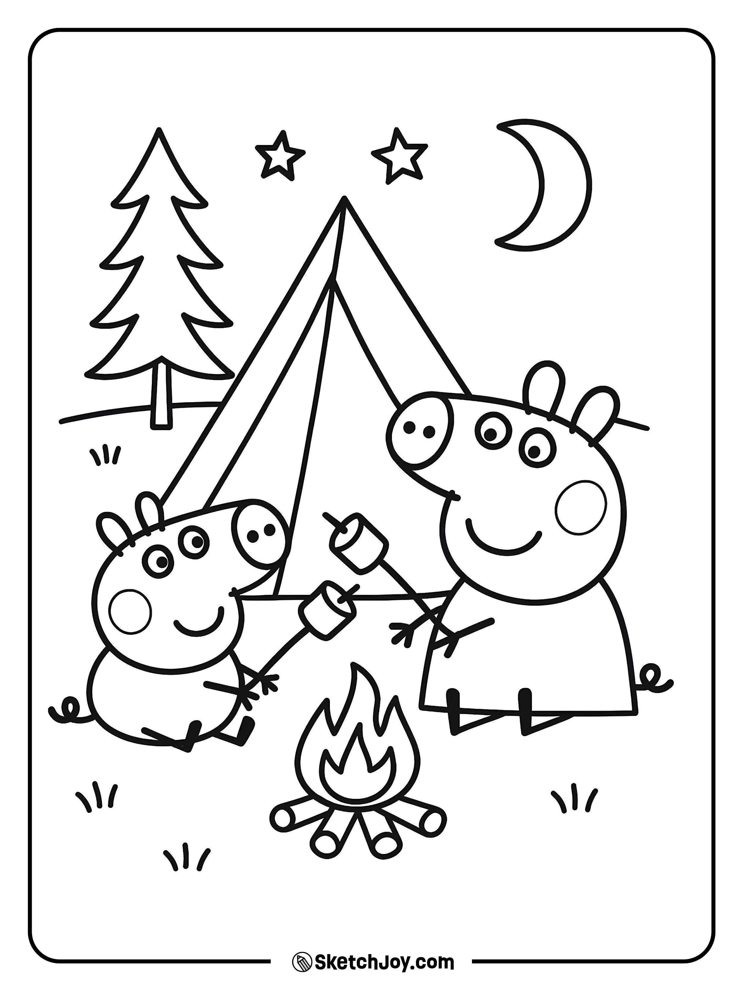 Peppa and George toast marshmallows beside a tiny tent.