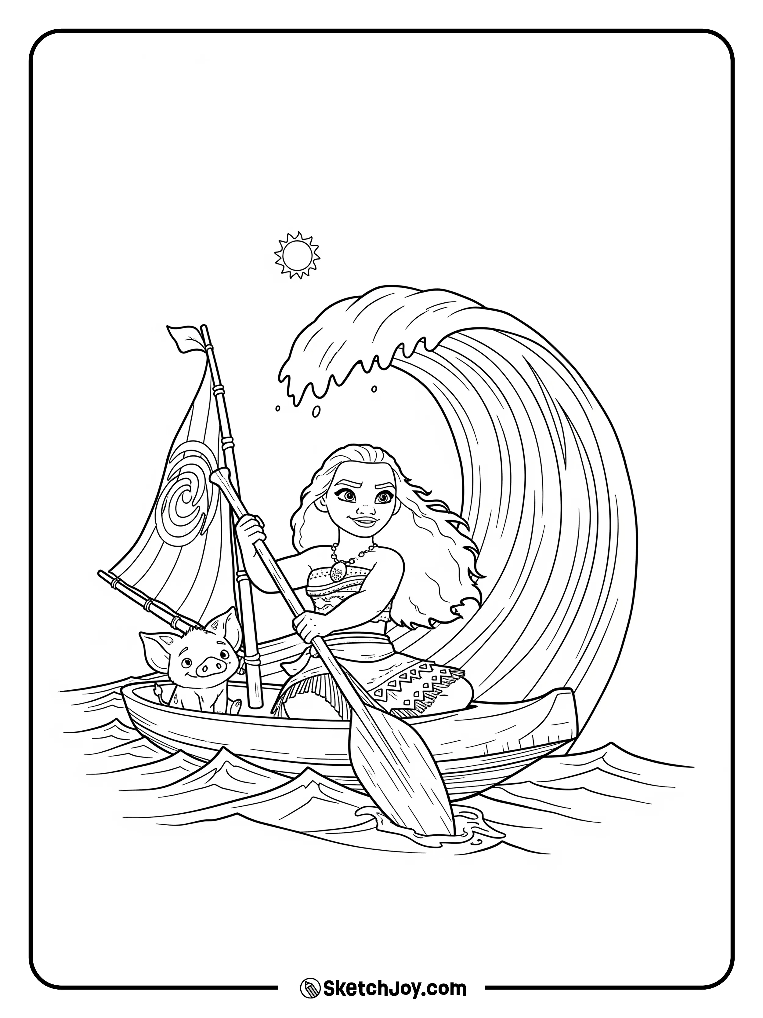 Moana paddles while Pua sits in front.