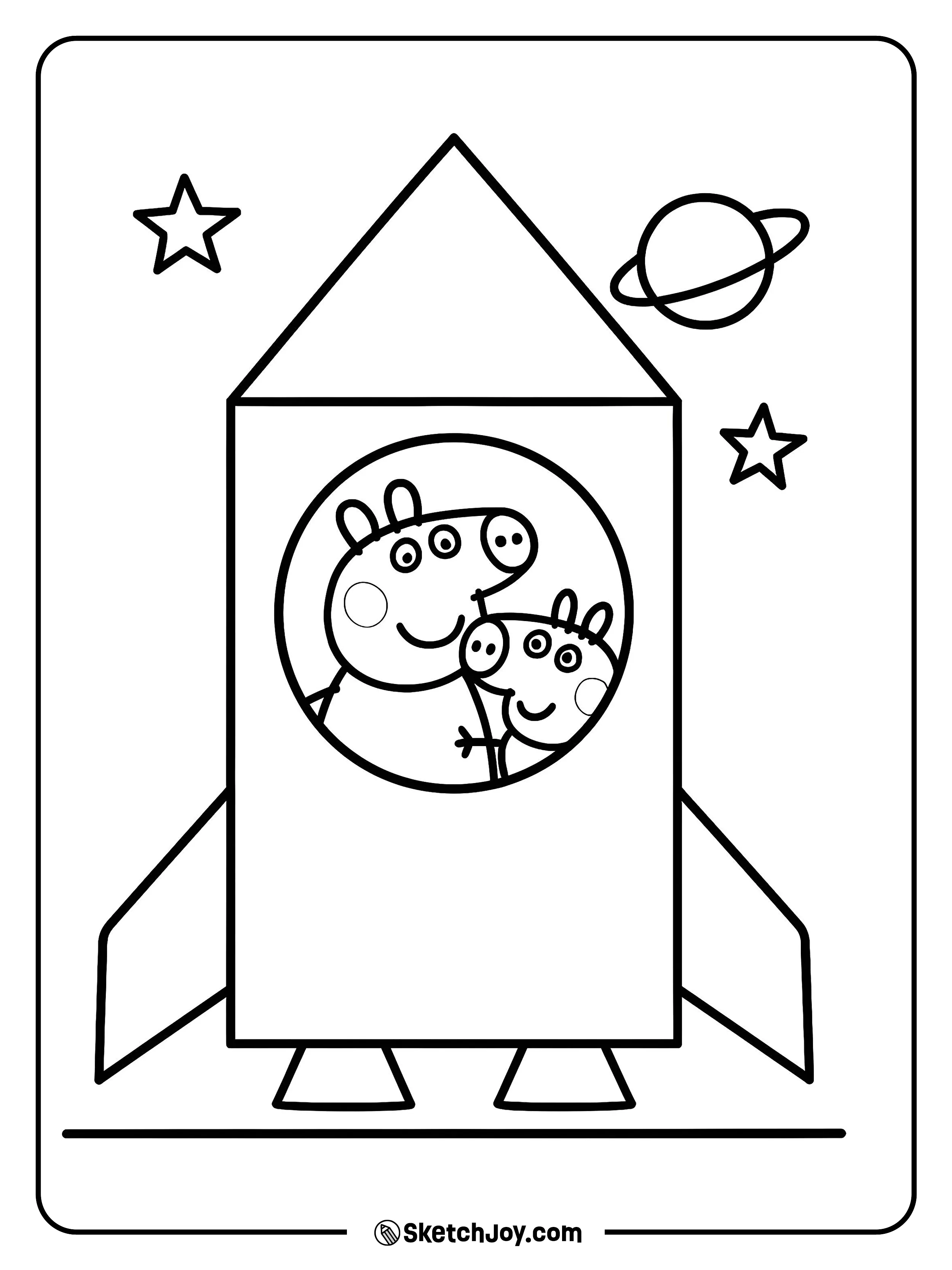 Peppa and George “blast off” in a homemade rocket covered in star stickers.