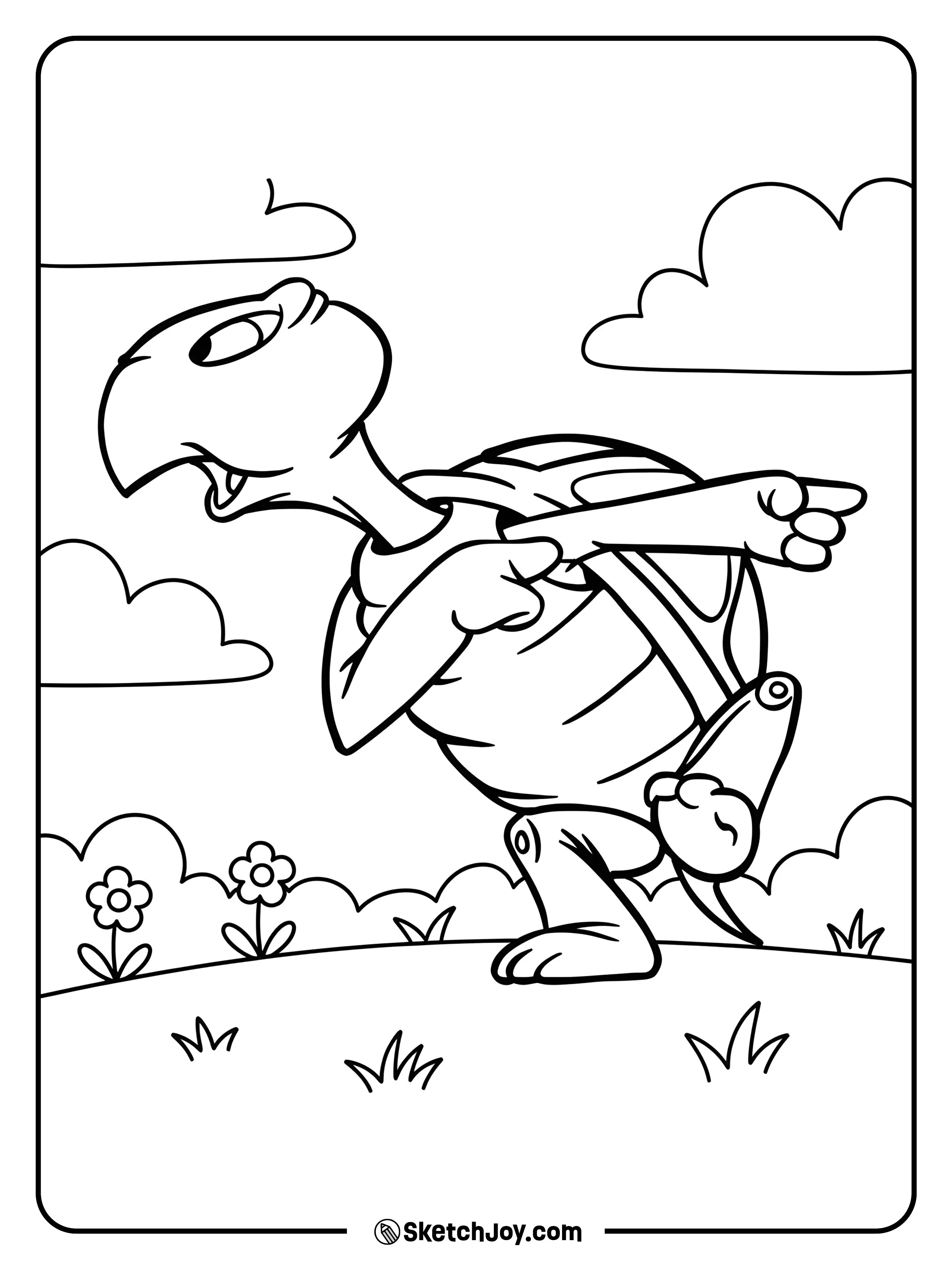 The witty cartoon turtle strides across a sunny hill