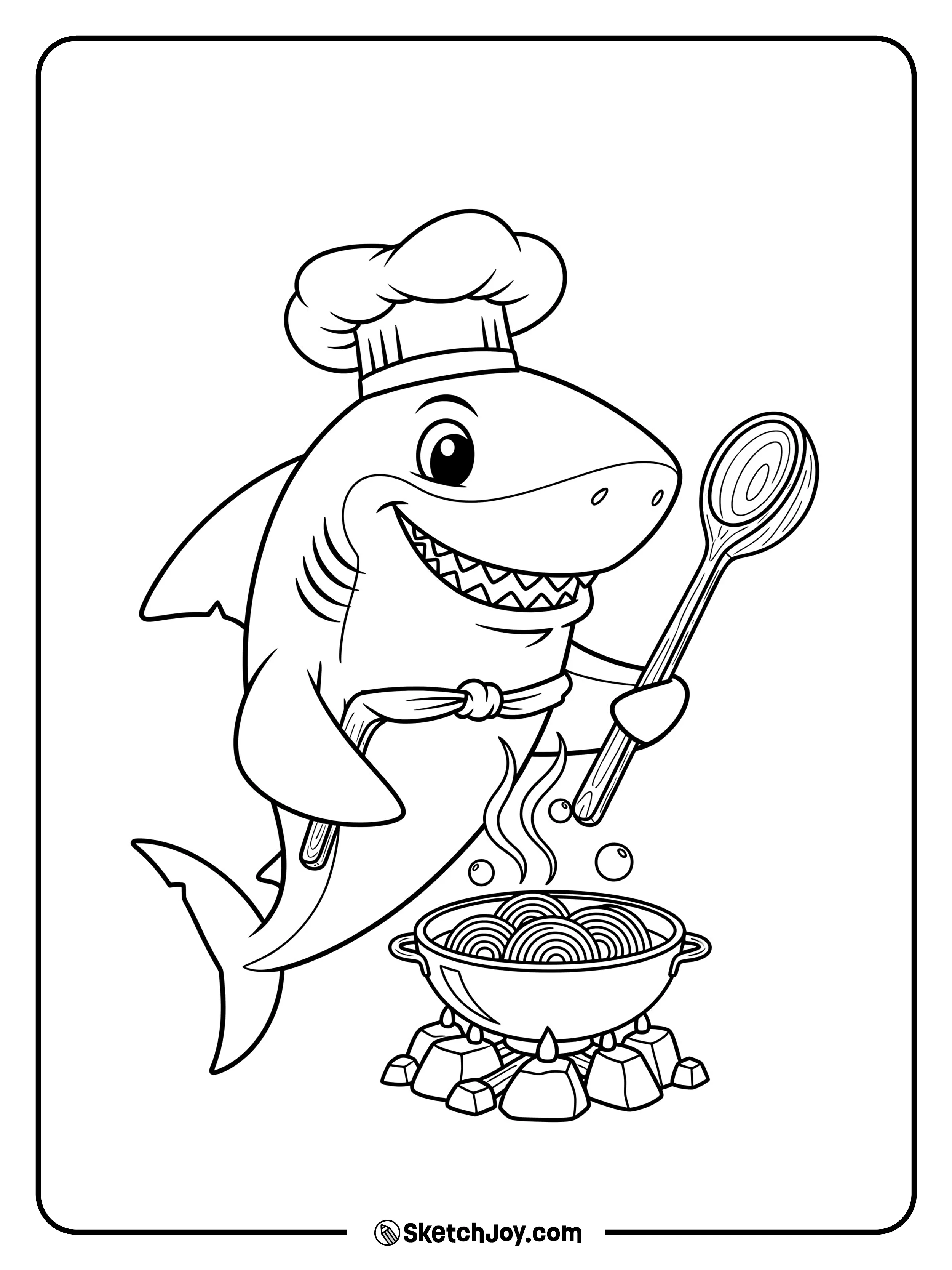 A chef hat–wearing shark stirs a pot with seaweed noodles.