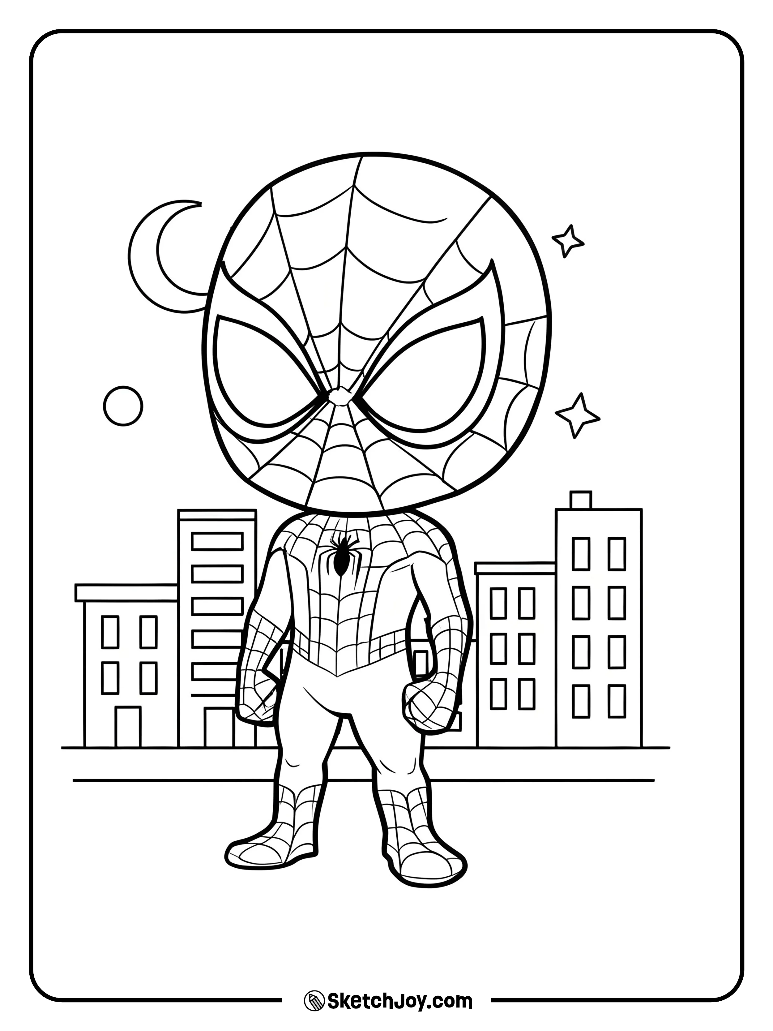 A cute version of Spider-Man standing proudly in front of tall buildings