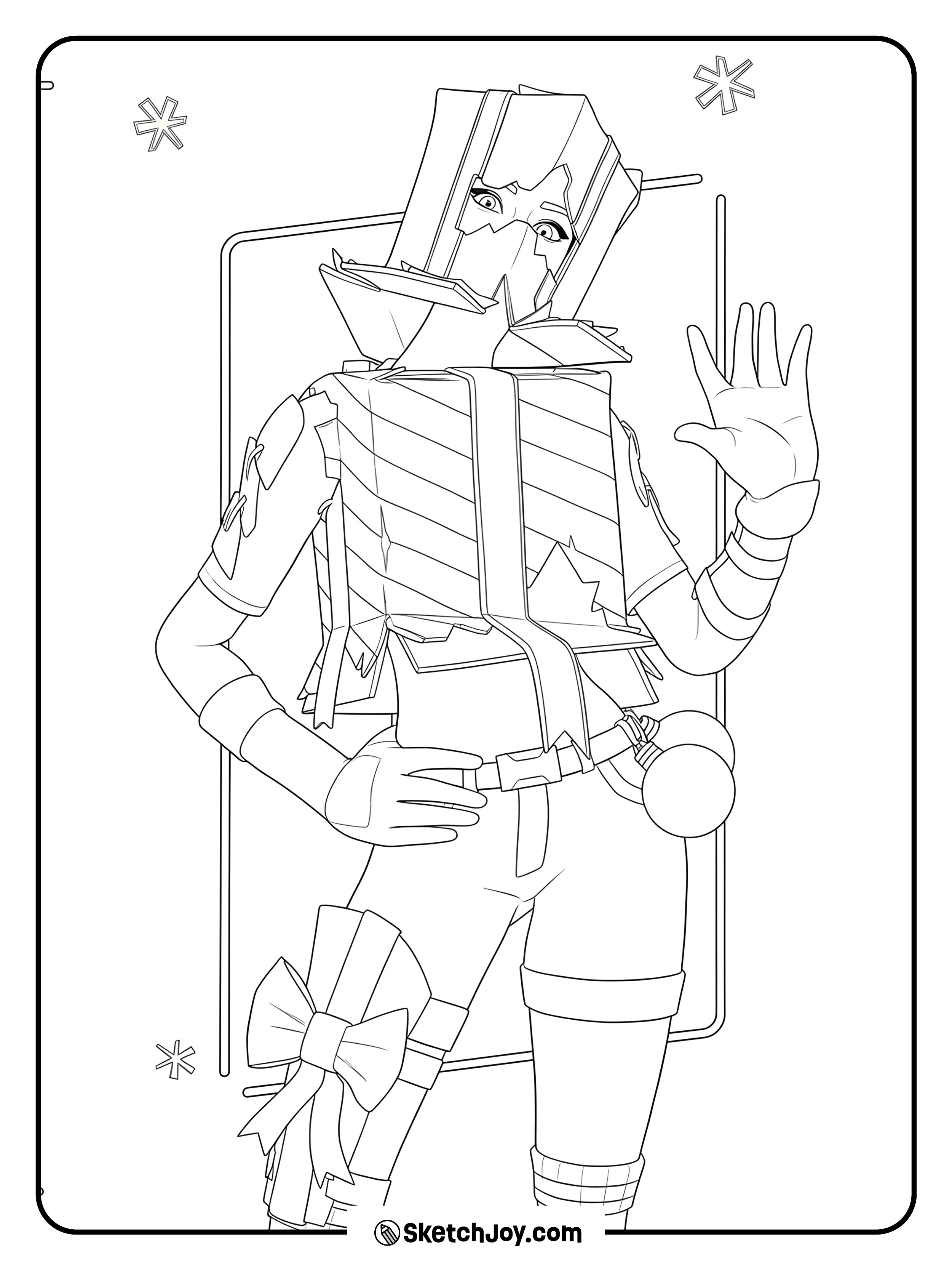The Christmas gift-wrapped hero gives a cheerful wave on a winter night.