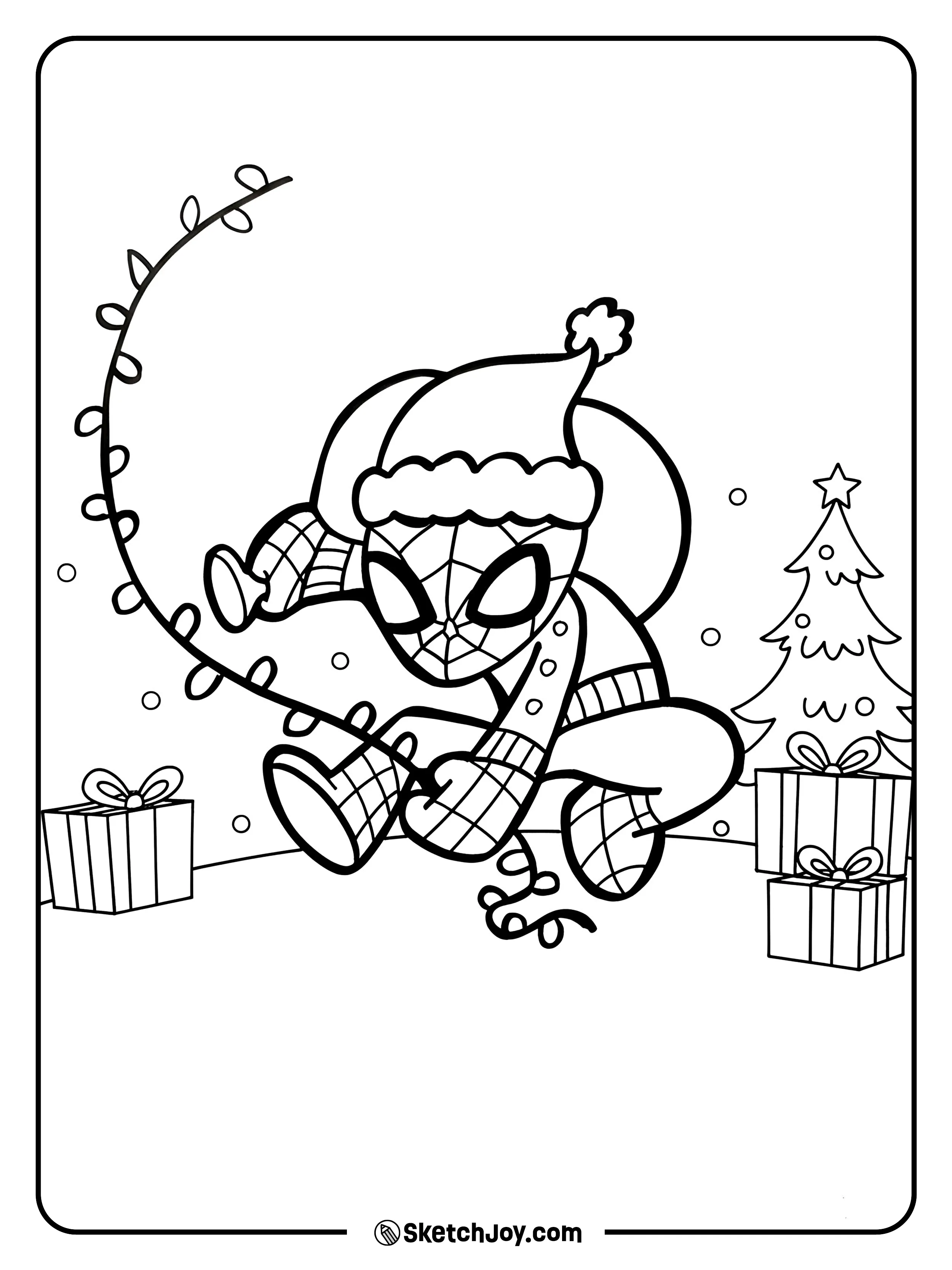 Spider-Man in a Santa hat, wrapping web-like lights around