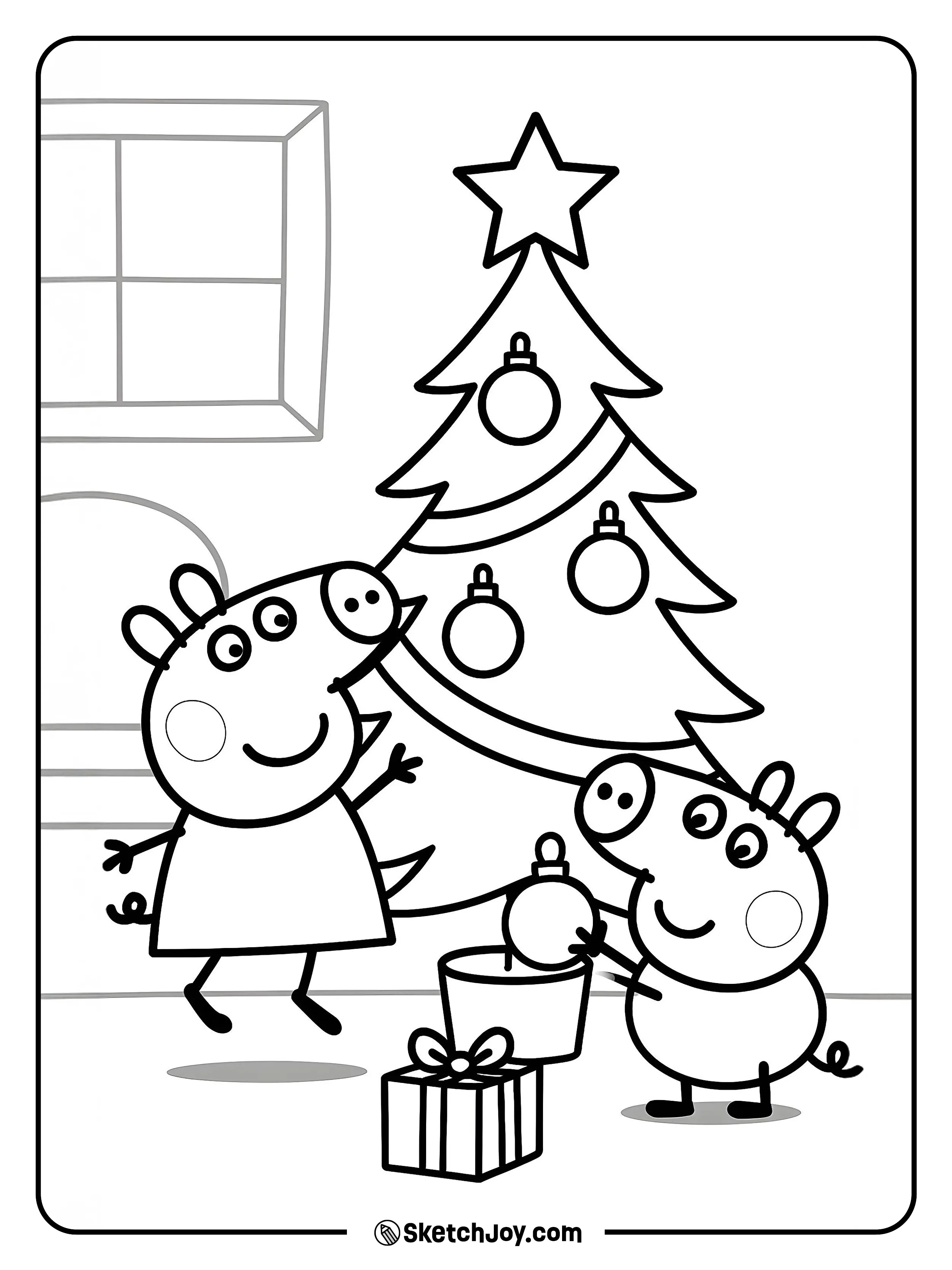 The family adds ornaments to a simple fir while a wrapped present sits below