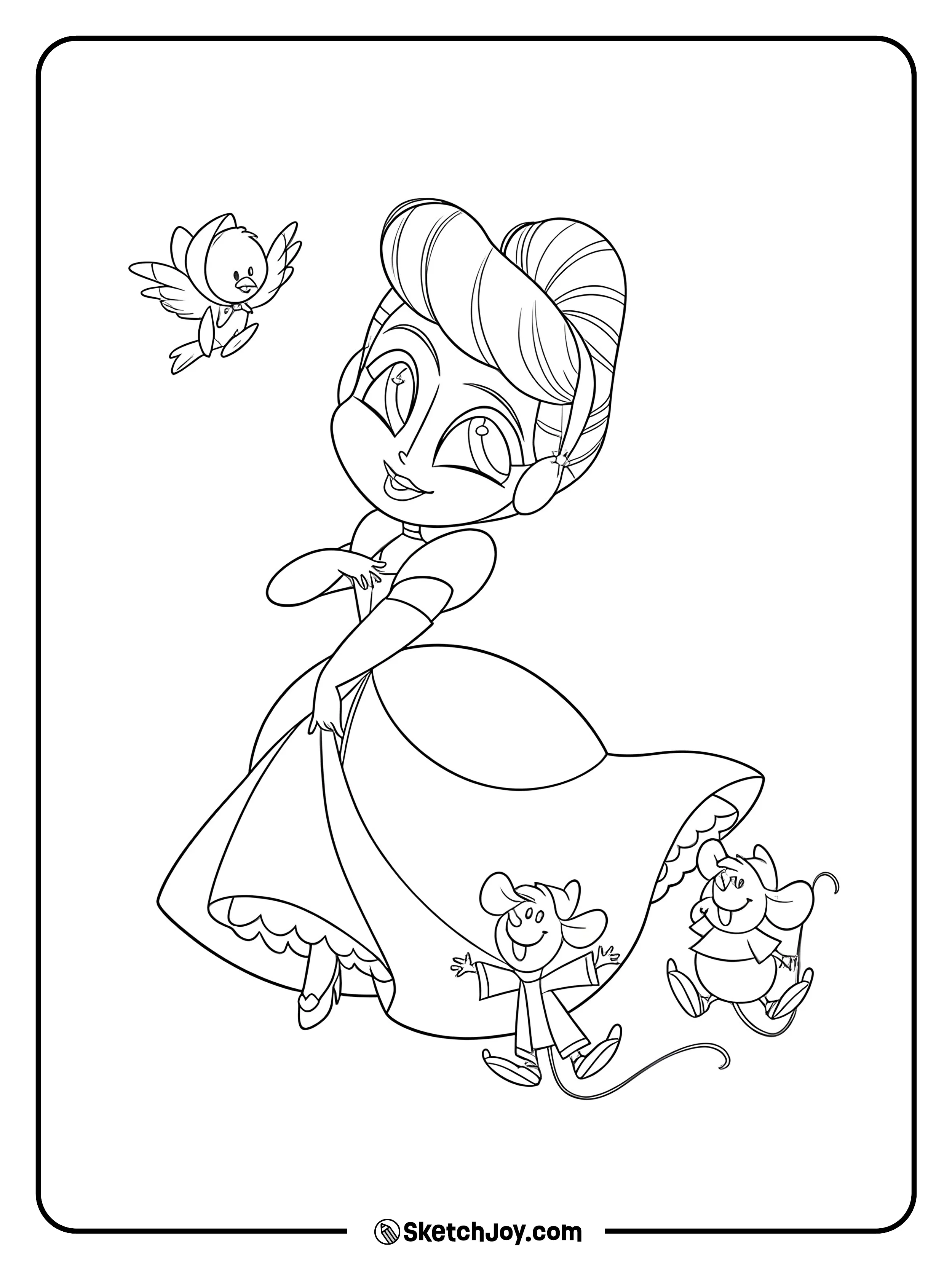 Cute Cinderella lifts her gown while two happy mice dance