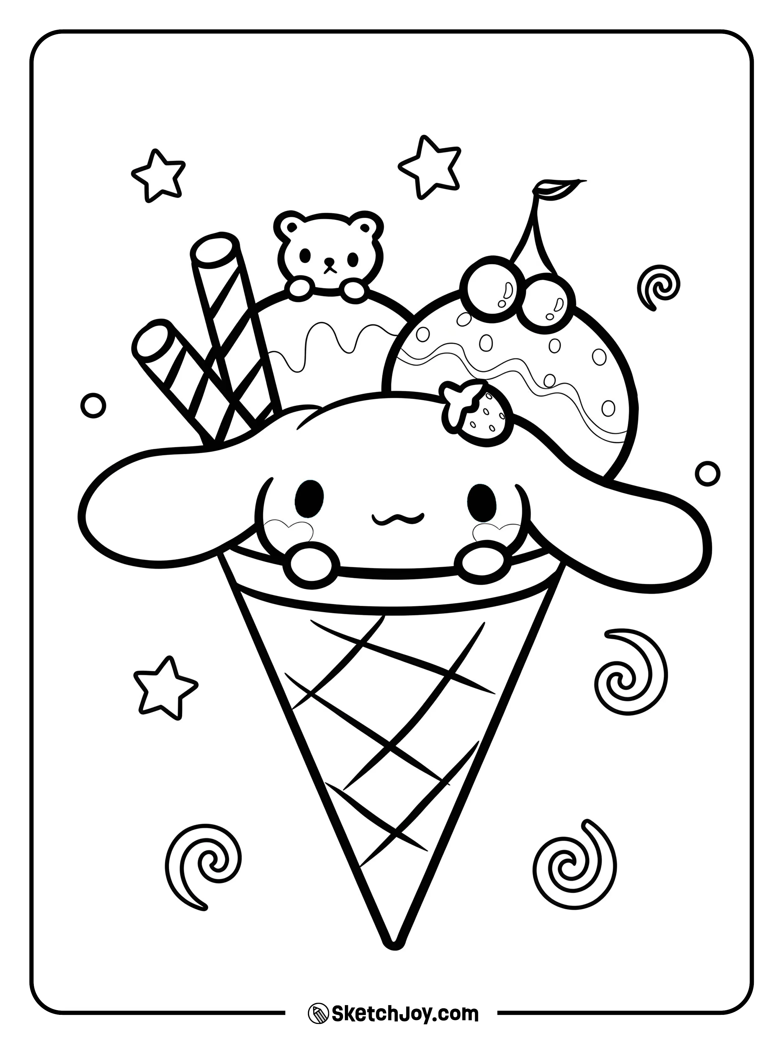 Cinnamoroll snuggles in a waffle cone with a scoop
