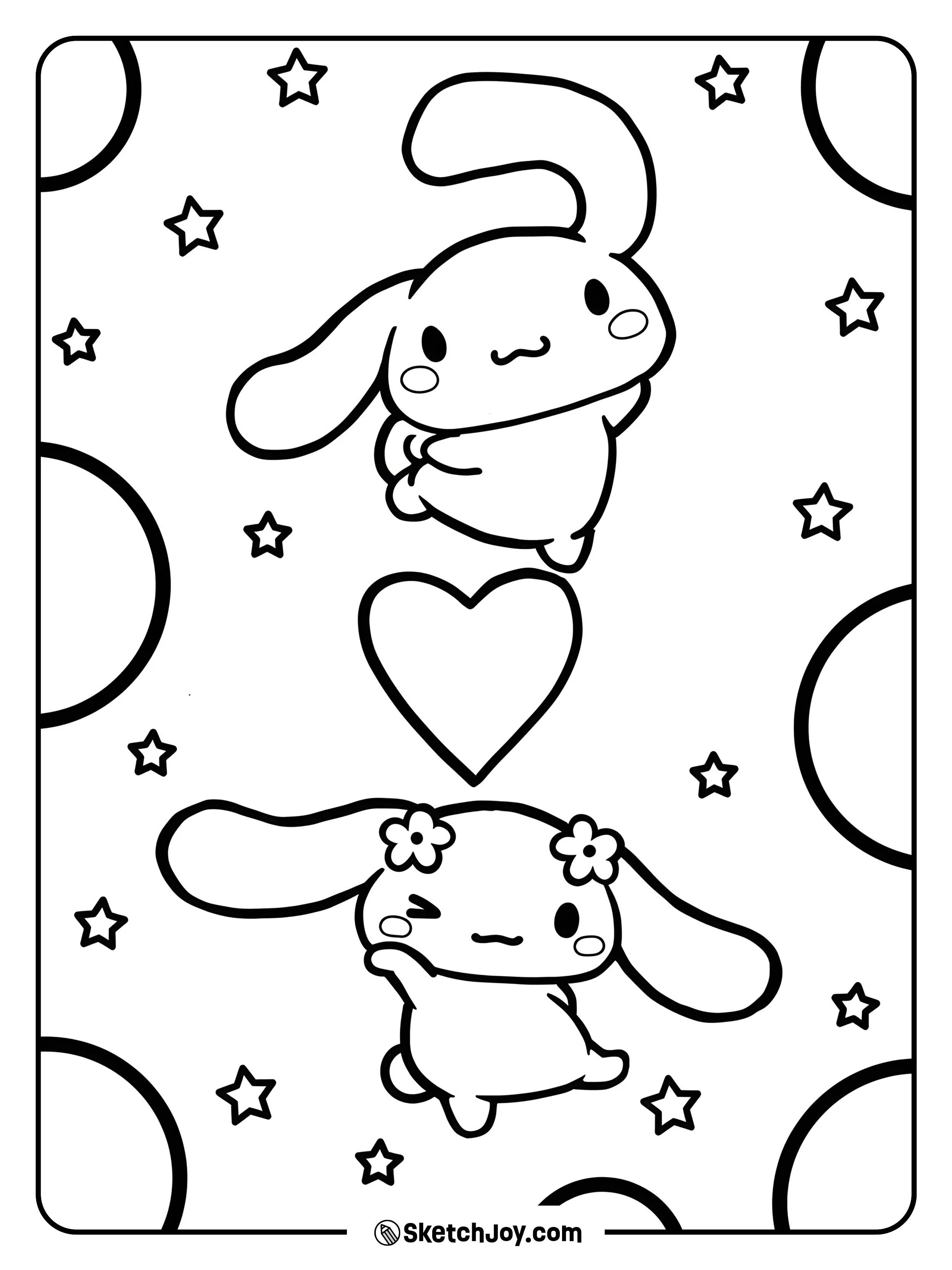 Cinnamoroll and Mocha strike cute poses with a big heart between them.