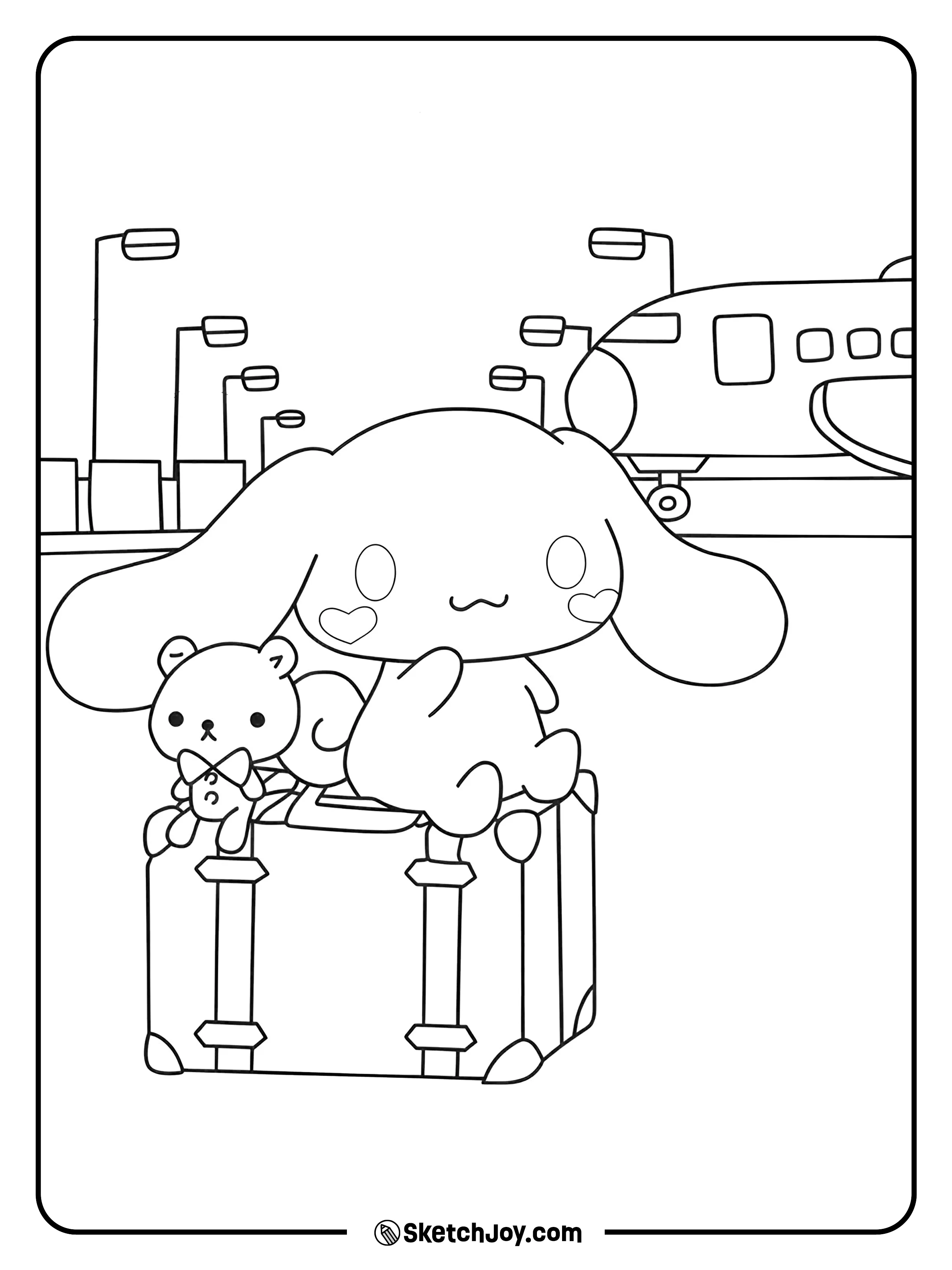 Cinnamoroll sits on a suitcase with a tiny teddy, ready to fly.