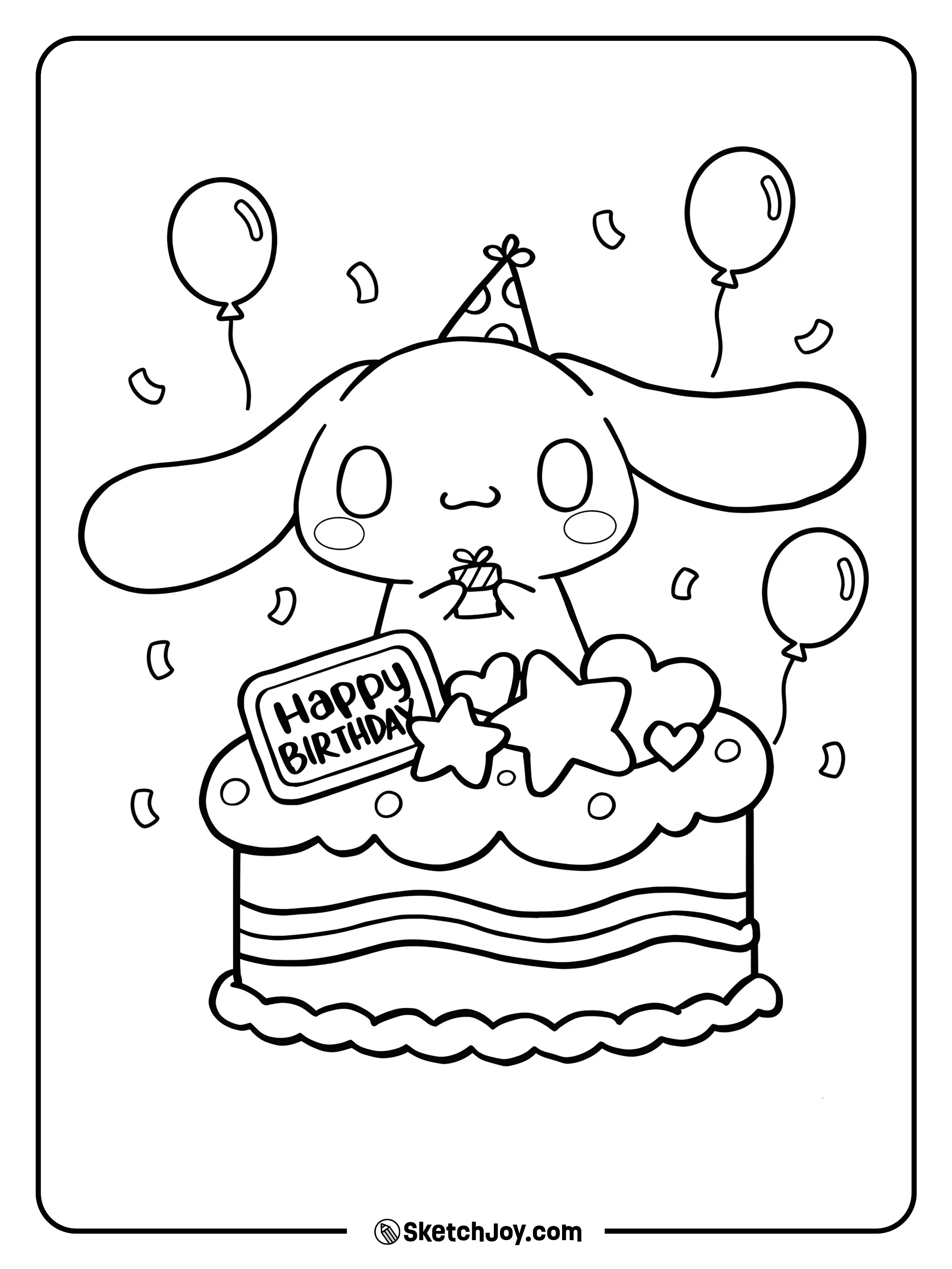 Cinnamoroll in a hat stands on a frosted cake with a tiny gift.