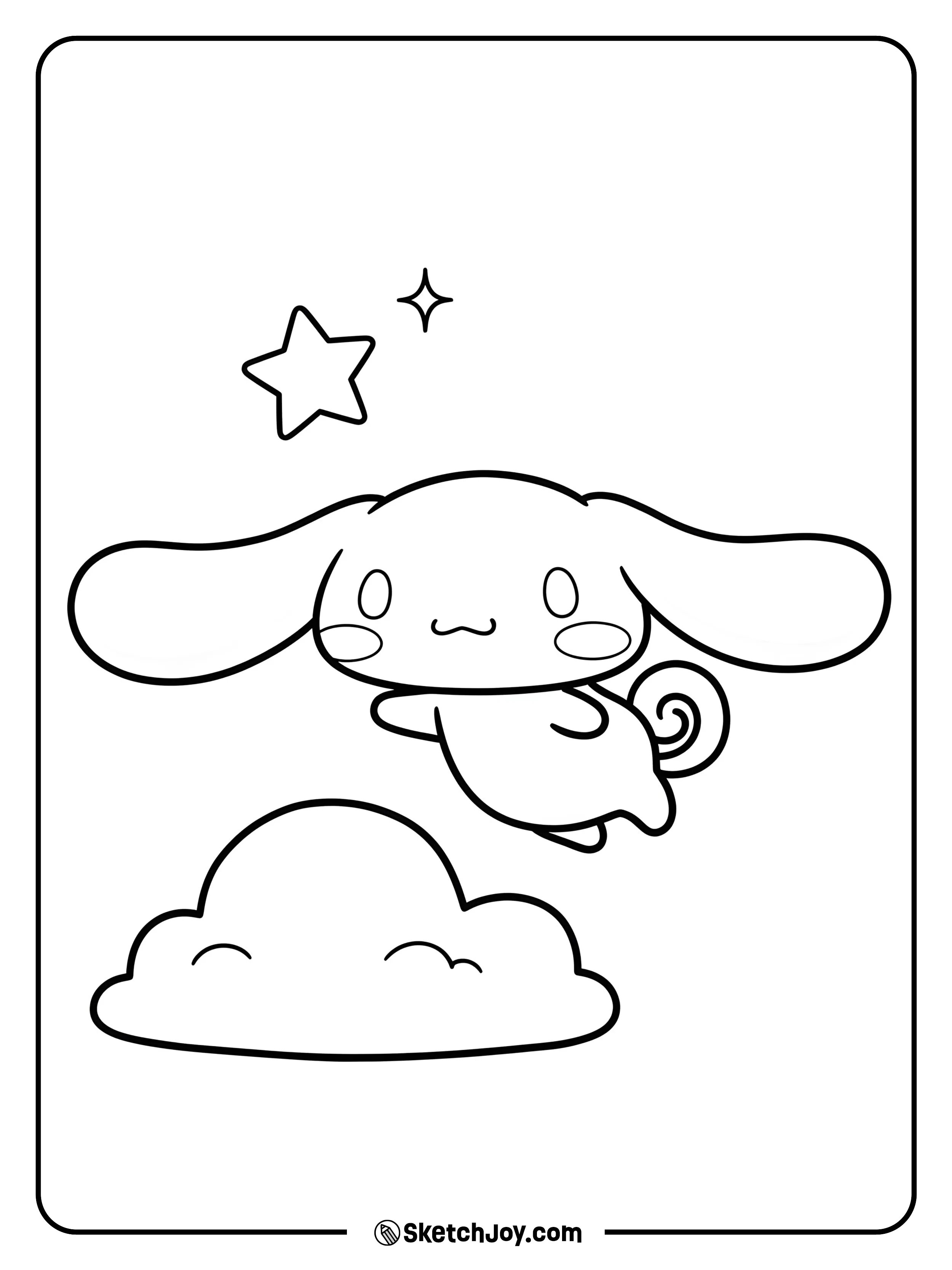 Cinnamoroll glides through a calm sky with tiny accents.