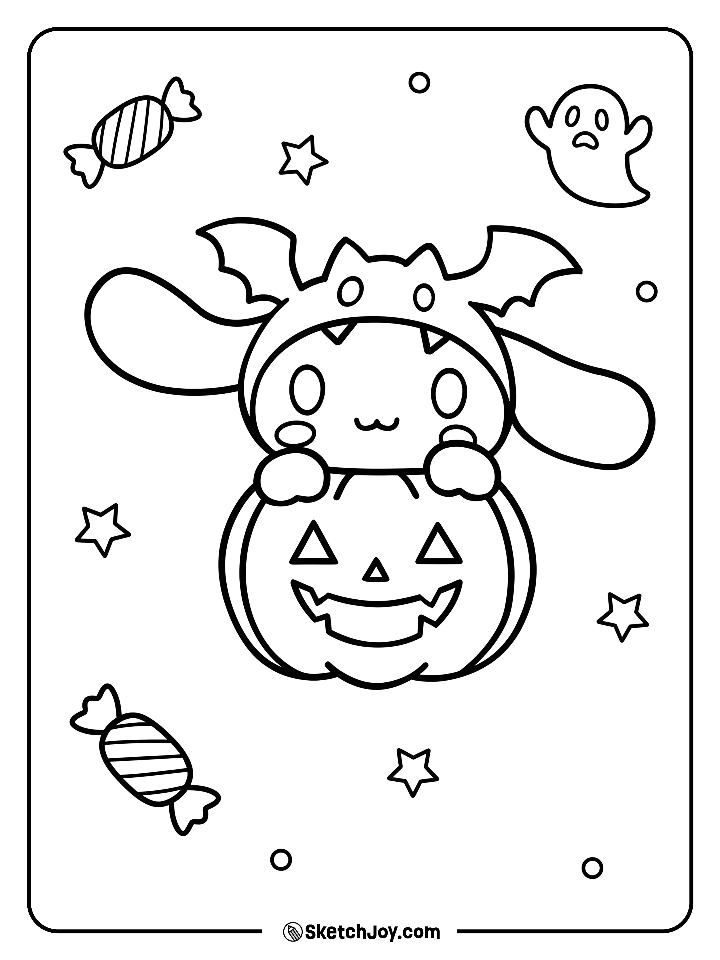 Cinnamoroll in a cute bat-hoodie pops out of a jack-o’-lantern