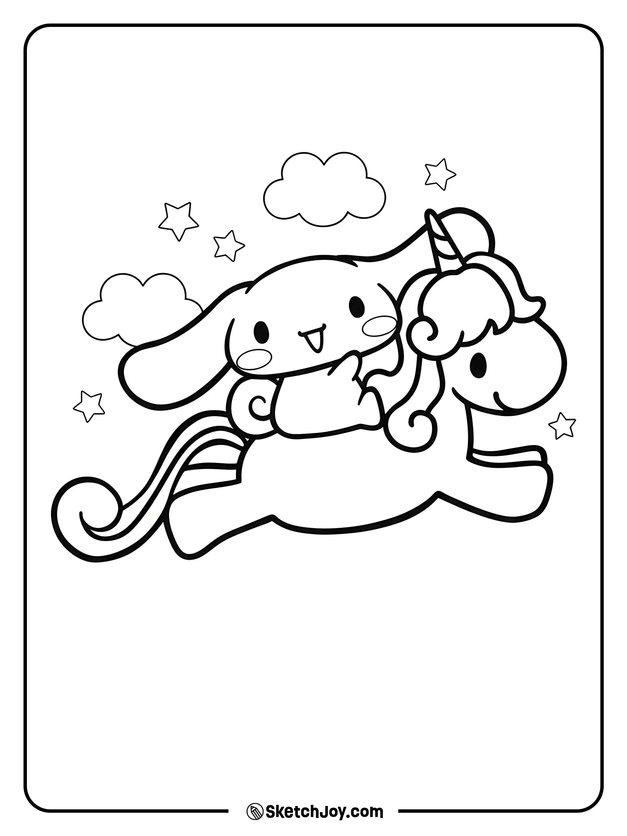 Cinnamoroll rides a friendly unicorn across the sky