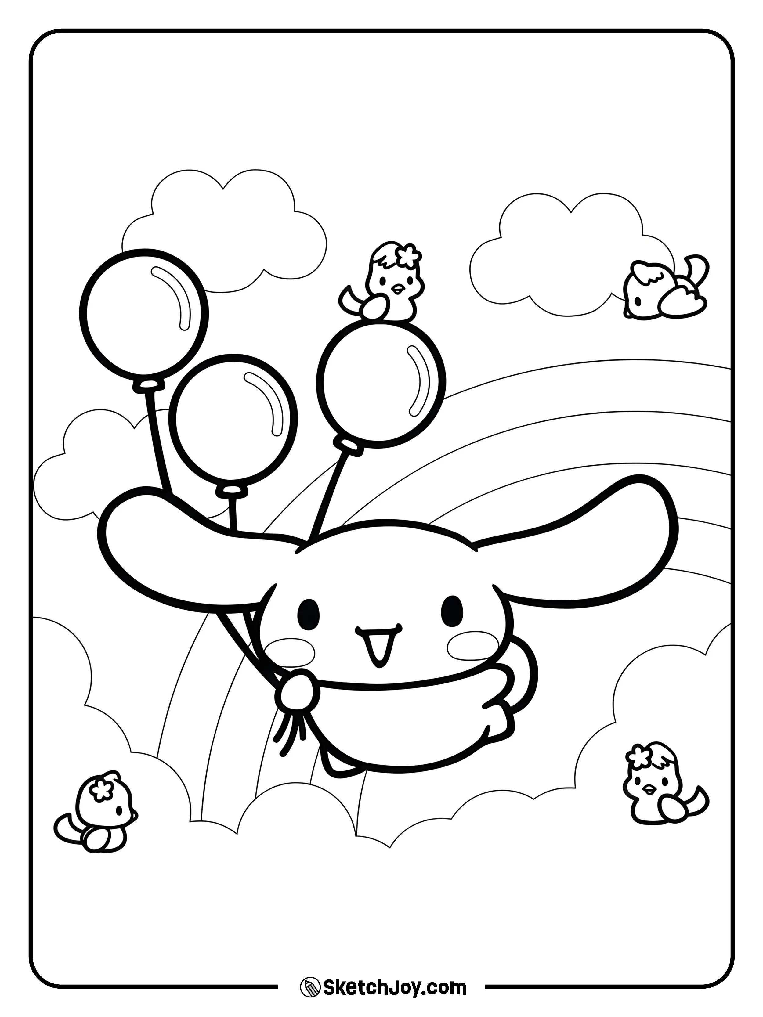 Cinnamoroll floats with three balloons above a small rainbow